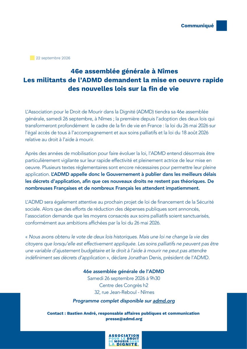 ADMDFRANCE's tweet photo. ⚖️ Deux lois historiques ont été adoptées sur la #FindeVie. 
🩺 L’ADMD demande désormais leur mise en œuvre rapide : publication des décrets d’application et moyens sanctuarisés pour les #SoinsPalliatifs. 
Rendez-vous le 26 septembre à #Nîmes.
👉🏼 Le programme : https://t.co/8iTfNF6WI0