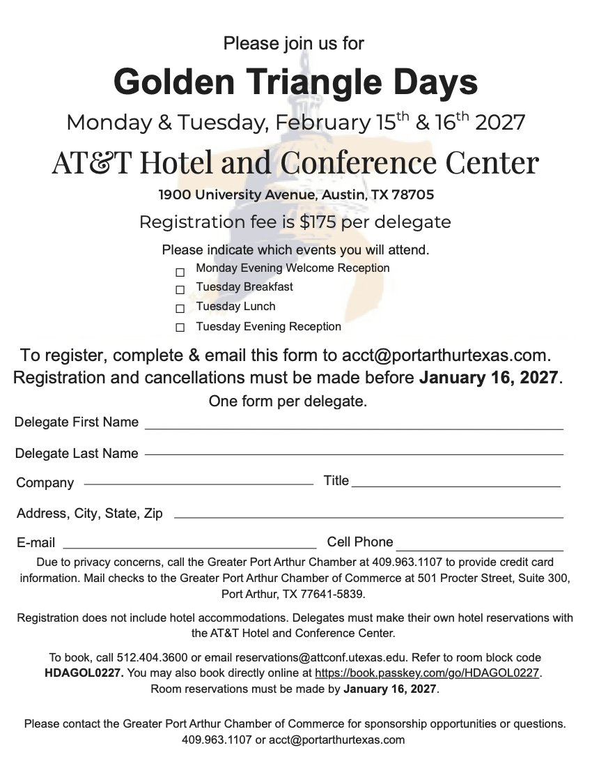 BMTChamber's tweet photo. Join us for Golden Triangle Days in Austin on February 15 &amp; 16, 2027! Registration is now open and hotel block is available.

Email acct@portarthurtexas.com to register.

#GoldenTriangleDays #AustinTx #GTDA2027 https://t.co/OVOrSVVtHd