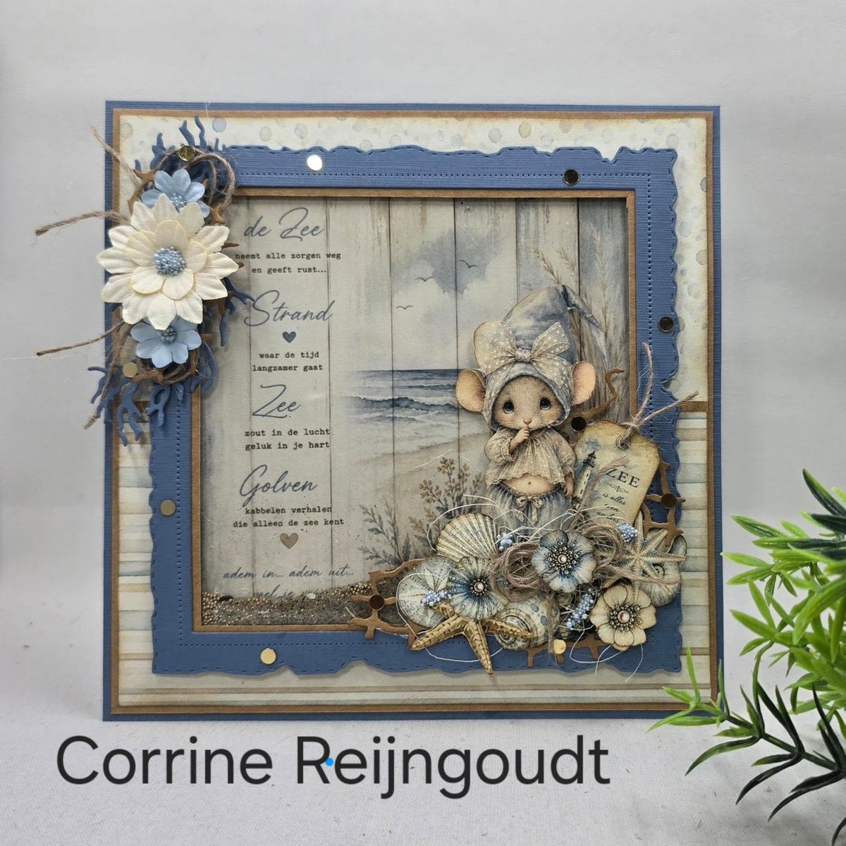 AldenKalua's tweet photo. The sea. A card featuring the Fairybells mice by the sea. This time, it’s a shaker card with real sand from Sint Philipsland. I personally find the text absolutely beautiful. The card shape is by Studiolight. https://t.co/HCauTrVSNJ