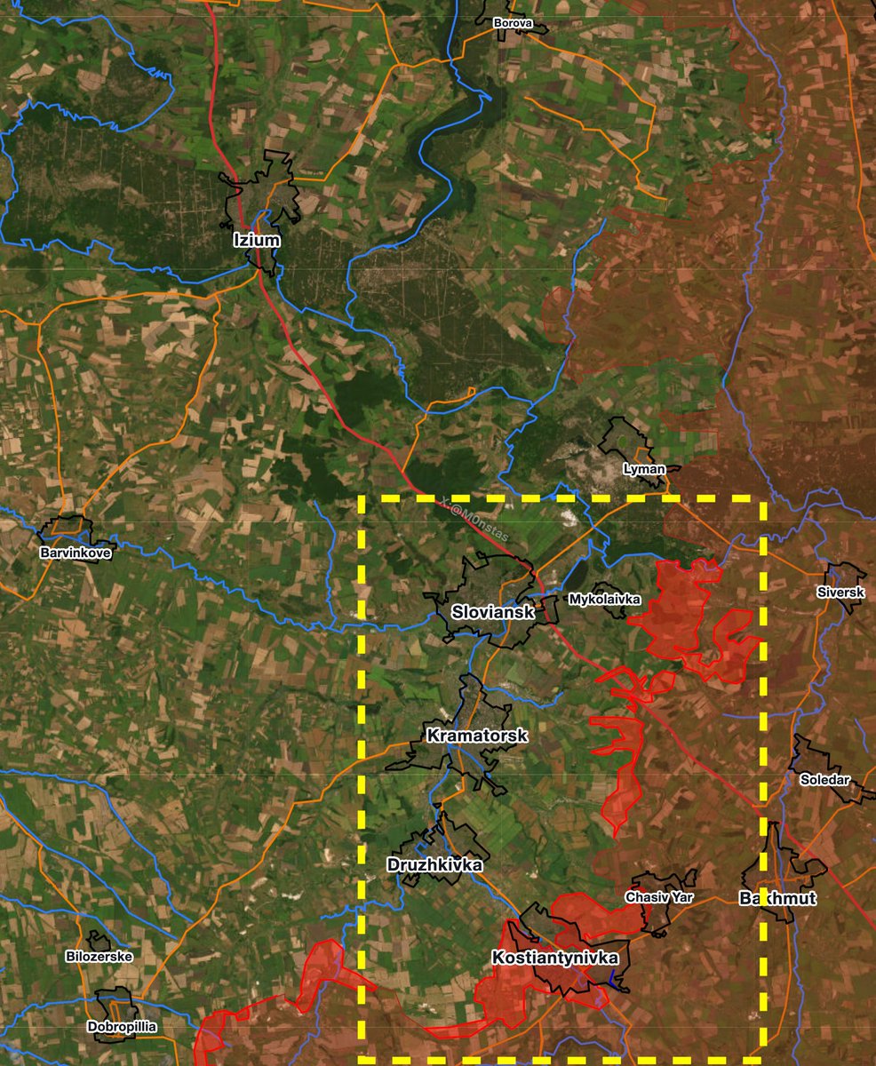 M0nstas's tweet photo. Punishing The Orbit

Bombs break fixed positions, drones suppress what survives and open routes through the obstacles, and infantry follows on foot to take the ground. The problem is timing: a bomb can remove a building in seconds, but the infantry meant to exploit it may still be days away. The position and its approaches have to stay suppressed until they arrive, and by then there may be little left worth occupying.

That matters because the wide orbit failed. Its purpose was to keep the hardest fighting away from the urban core: work the flanks, cut the roads, narrow the logistics, and squeeze the defenders out before the city itself has to be taken. With the northern arm gone, that radius has collapsed inward. Russia is left pressing Sloviansk and Kramatorsk from the east while the southern edge is shaved back village by village.

At that distance the arithmetic reverses. Ukraine flies from inside the belt, with crews, workshops and roads behind it; Russia has to push the same system forward over exposed ground. Every kilometre closer shortens Ukrainian logistics and lengthens Russian ones. East of Sloviansk the 3rd Army is still feeling for a usable approach through the hills around Rai-Oleksandrivka and Mykolaivka, shifting its own weight along the frontage rather than opening a new axis.