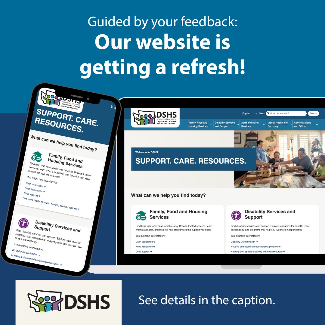 waDSHS's tweet photo. We’re excited to announce the launch of the new DSHS website on Sept. 22. We heard your input! The site has a fresh, modern look designed to make it easier to find the information, services and resources you need. Take a look around and let us know what you think! 
Here's the link: https://t.co/hocpuPGDHV