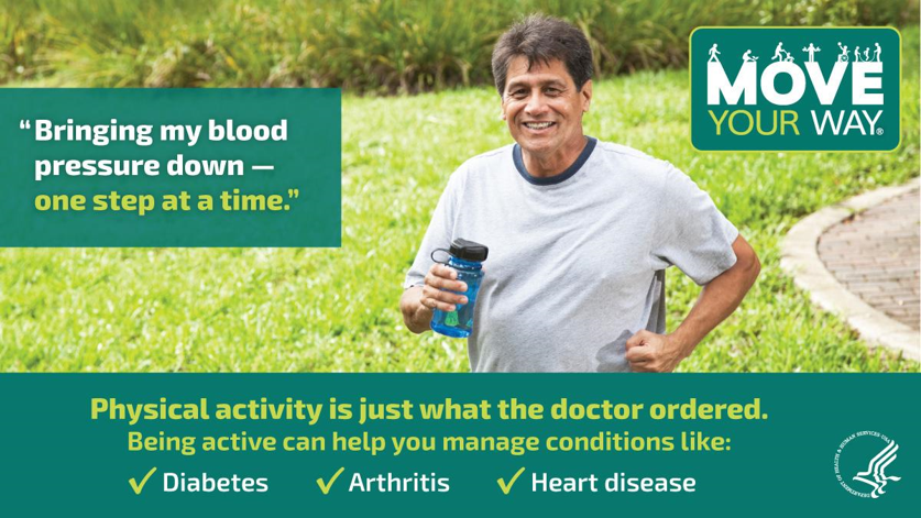 HealthGov's tweet photo. Get moving to manage your chronic conditions!
If you are living with diabetes, arthritis, or heart disease, physical activity can improve your health. https://t.co/BwRkyceJEk