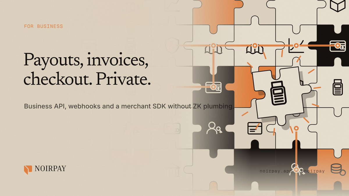 noirpay's tweet photo. For business: an API with webhooks for payouts and reconciliation, a merchant checkout SDK, and invoicing that shields payments on arrival.

No zero-knowledge plumbing on your side. Seat-based pricing from day one. https://t.co/Z1U0fmlS23