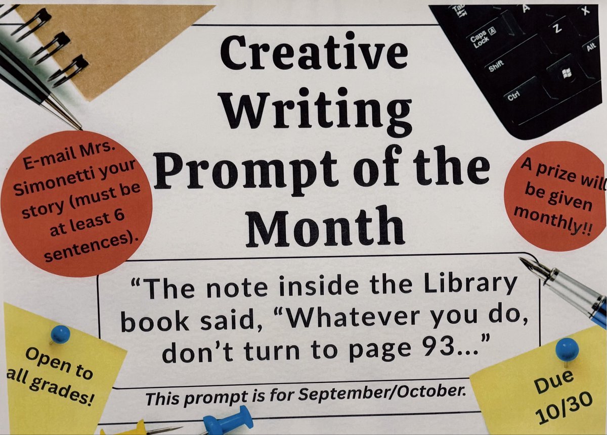 PlainedgeMSLMC's tweet photo. Don’t forget to enter to win the Library Creative Writing Prompt contest for September/October. Poster is outside the Library. Email entries to Mrs. Simonetti by October 30th!! You have to be in it to win it! https://t.co/vd9qwsajoG