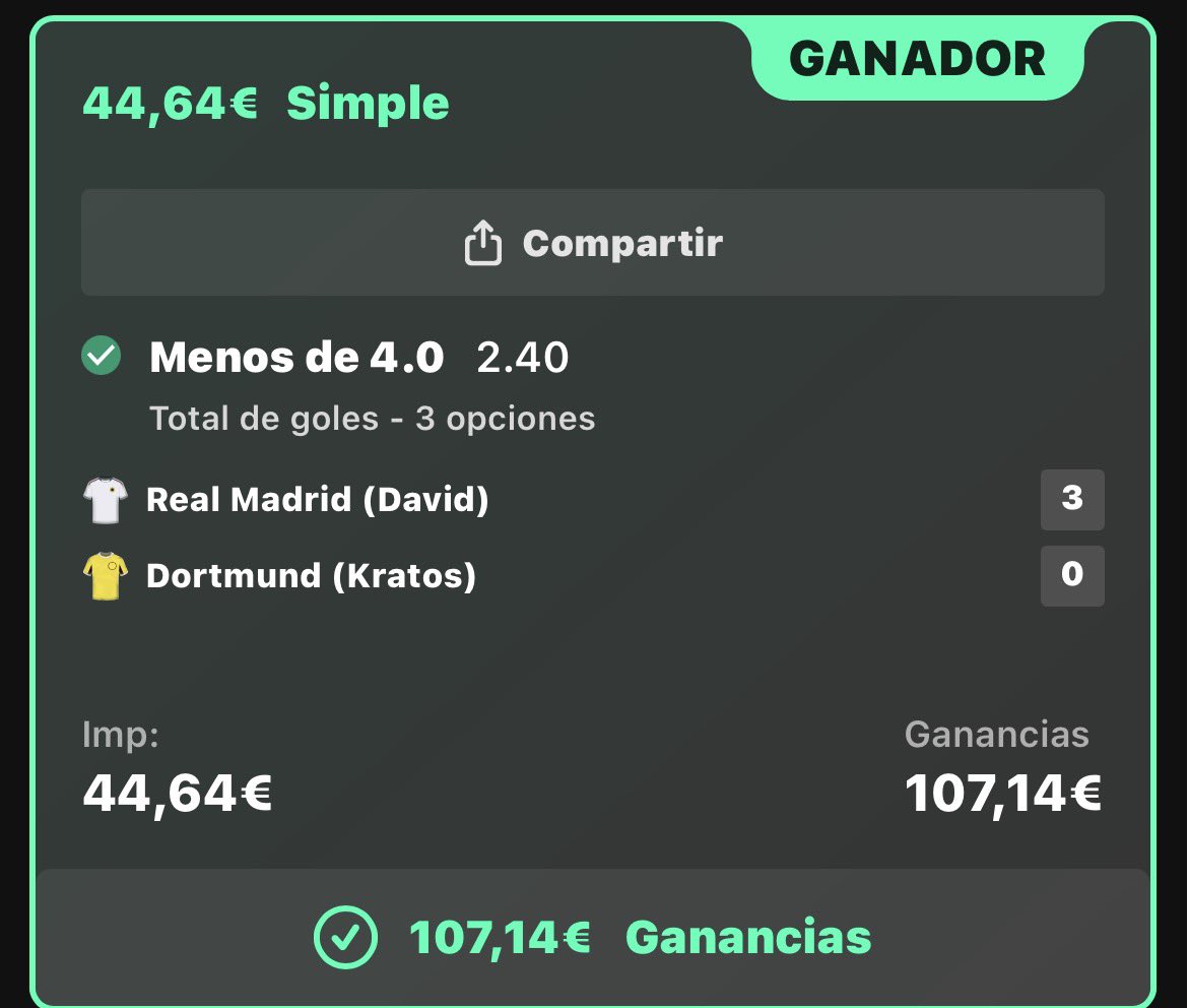 sureespain's tweet photo. 🔥 SUREBET DETECTADA

💰 +8€ de beneficio para este miembro
📈 ROI 7.28%

⚽ Real Madrid (David) vs Borussia Dortmund (Kratos)

🏠 Winamax → Total de goles Más de 3.5
🏠 Bet365 → Total de goles Menos de 3.5

💣 Otra surebet enviada por el grupo. https://t.co/fqBD0jvzQx