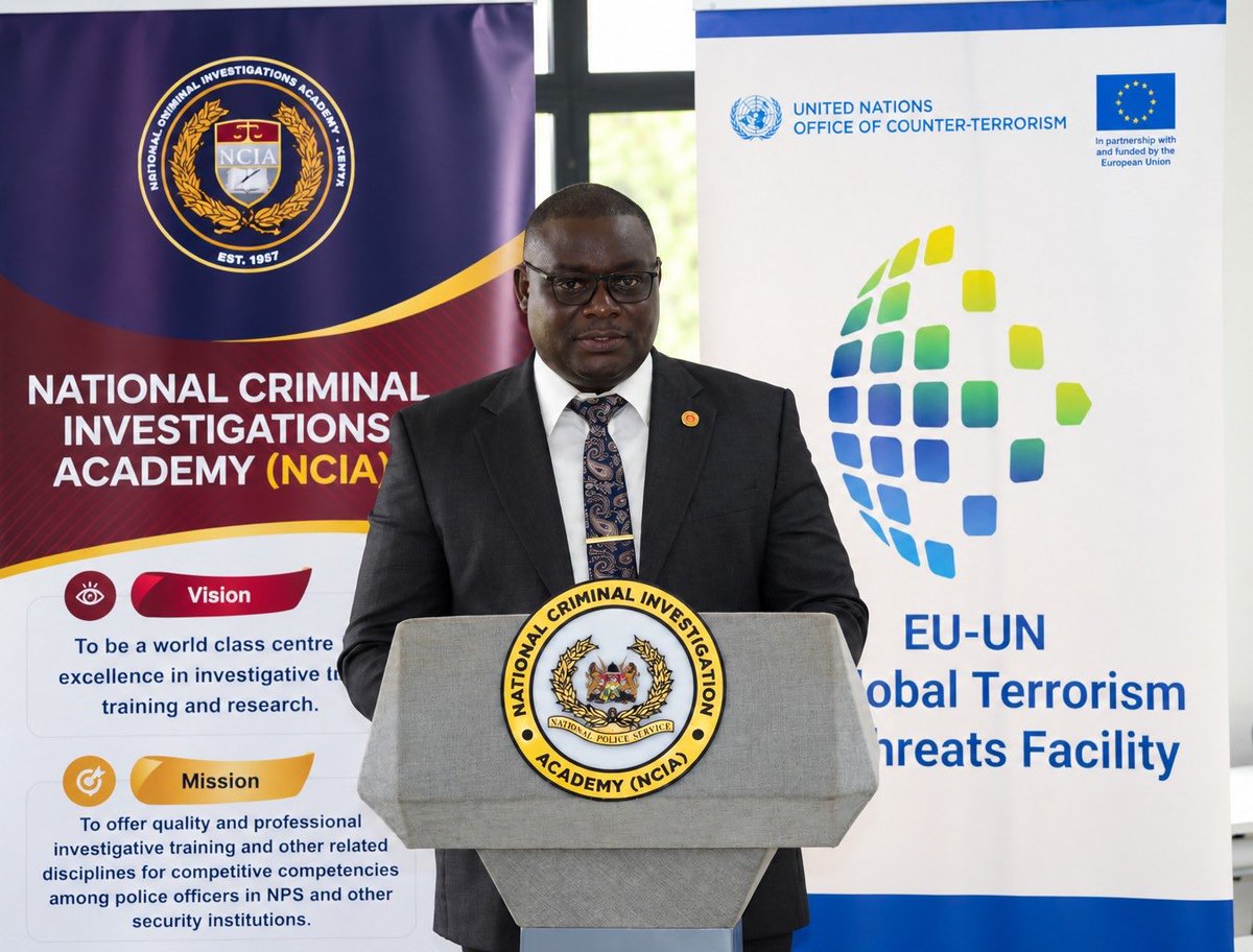 DCI_Kenya's tweet photo. 𝗡𝗖𝗜𝗔 𝗥𝗘𝗖𝗘𝗜𝗩𝗘𝗦 𝗖𝗧 𝗜𝗡𝗩𝗘𝗦𝗧𝗜𝗚𝗔𝗧𝗜𝗢𝗡 𝗘𝗤𝗨𝗜𝗣𝗠𝗘𝗡𝗧 𝗧𝗢 𝗦𝗧𝗥𝗘𝗡𝗚𝗧𝗛𝗘𝗡 𝗦𝗣𝗘𝗖𝗜𝗔𝗟𝗜𝗦𝗘𝗗 𝗧𝗥𝗔𝗜𝗡𝗜𝗡𝗚

The National Criminal Investigations Academy (NCIA) has received specialised counter-terrorism investigations training equipment from the European Union-United Nations Global Terrorism Threats Facility, enhancing the Academy’s capacity to deliver practical, sustainable and nationally owned counter-terrorism investigations training.

The equipment, funded by the European Union and implemented by the United Nations Office of Counter-Terrorism (UNOCT), was handed over on 22 September 2026 through the National Counter Terrorism Centre (NCTC).

The handover ceremony was attended by Ms. Beatrice Tesconi of the EU-UN Global Terrorism Threats Facility; Ms. Jaskiran Sandhu of the Global Counter-Terrorism Investigations Programme (CTI), United Nations Office of Counter-Terrorism (UNOCT); Mr. Kenneth Maucha, NCTC Chief Liaison Officer for Analysis and Disengagement; Dr. Mohammed Ibrahim, Regional Counsellor at the European Union Delegation to Kenya; and Mr. Ibrahim Jillo, AIG, Commandant of the NCIA, alongside other senior police officers.

The equipment forms part of a broader package of support provided by UNOCT through the EU-UN Global Terrorism Threats Facility and CTI, following a 2025 training gaps analysis that identified the NCIA’s need to strengthen its capacity to independently design and deliver specialised counter-terrorism investigations training.

During the handover ceremony, NCIA instructors and subject-matter experts, together with Facility experts Mr. Cristopher Gastaldo and Ms. Jane McCosker, demonstrated the use of the equipment during the pilot delivery of the CTIC, supporting practical, scenario-based learning and enhancing the realism of training exercises.

NCIA Commandant Mr. Ibrahim Jillo said the equipment would enable the Academy to deliver training independently while ensuring that practical exercises remain closely aligned with the realities faced by investigators in the field.

Representatives of the partner organisations underscored the importance of the support. Ms. Tesconi highlighted its contribution to building sustainable national counter-terrorism investigations capacity, while Ms. Sandhu emphasised the importance of translating knowledge into effective investigative practice. Mr. Maucha noted that strong partnerships remain essential to sustaining that capacity.

The Commandant expressed appreciation to the European Union, UNOCT and NCTC for the donation of the specialised counter-terrorism investigations training equipment, noting that it will enhance the Academy’s capacity to deliver practical and effective training to investigators.