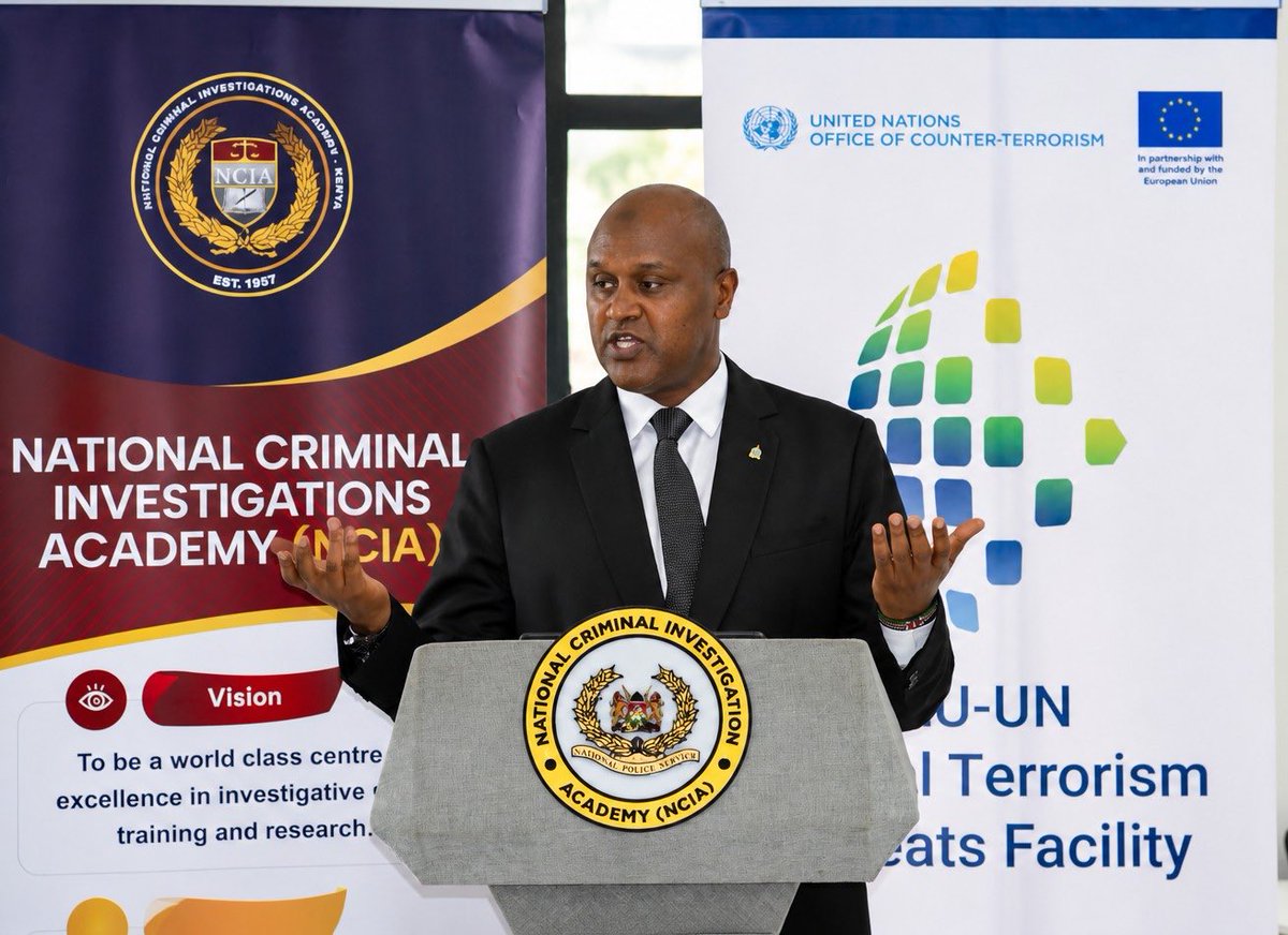 DCI_Kenya's tweet photo. 𝗡𝗖𝗜𝗔 𝗥𝗘𝗖𝗘𝗜𝗩𝗘𝗦 𝗖𝗧 𝗜𝗡𝗩𝗘𝗦𝗧𝗜𝗚𝗔𝗧𝗜𝗢𝗡 𝗘𝗤𝗨𝗜𝗣𝗠𝗘𝗡𝗧 𝗧𝗢 𝗦𝗧𝗥𝗘𝗡𝗚𝗧𝗛𝗘𝗡 𝗦𝗣𝗘𝗖𝗜𝗔𝗟𝗜𝗦𝗘𝗗 𝗧𝗥𝗔𝗜𝗡𝗜𝗡𝗚

The National Criminal Investigations Academy (NCIA) has received specialised counter-terrorism investigations training equipment from the European Union-United Nations Global Terrorism Threats Facility, enhancing the Academy’s capacity to deliver practical, sustainable and nationally owned counter-terrorism investigations training.

The equipment, funded by the European Union and implemented by the United Nations Office of Counter-Terrorism (UNOCT), was handed over on 22 September 2026 through the National Counter Terrorism Centre (NCTC).

The handover ceremony was attended by Ms. Beatrice Tesconi of the EU-UN Global Terrorism Threats Facility; Ms. Jaskiran Sandhu of the Global Counter-Terrorism Investigations Programme (CTI), United Nations Office of Counter-Terrorism (UNOCT); Mr. Kenneth Maucha, NCTC Chief Liaison Officer for Analysis and Disengagement; Dr. Mohammed Ibrahim, Regional Counsellor at the European Union Delegation to Kenya; and Mr. Ibrahim Jillo, AIG, Commandant of the NCIA, alongside other senior police officers.

The equipment forms part of a broader package of support provided by UNOCT through the EU-UN Global Terrorism Threats Facility and CTI, following a 2025 training gaps analysis that identified the NCIA’s need to strengthen its capacity to independently design and deliver specialised counter-terrorism investigations training.

During the handover ceremony, NCIA instructors and subject-matter experts, together with Facility experts Mr. Cristopher Gastaldo and Ms. Jane McCosker, demonstrated the use of the equipment during the pilot delivery of the CTIC, supporting practical, scenario-based learning and enhancing the realism of training exercises.

NCIA Commandant Mr. Ibrahim Jillo said the equipment would enable the Academy to deliver training independently while ensuring that practical exercises remain closely aligned with the realities faced by investigators in the field.

Representatives of the partner organisations underscored the importance of the support. Ms. Tesconi highlighted its contribution to building sustainable national counter-terrorism investigations capacity, while Ms. Sandhu emphasised the importance of translating knowledge into effective investigative practice. Mr. Maucha noted that strong partnerships remain essential to sustaining that capacity.

The Commandant expressed appreciation to the European Union, UNOCT and NCTC for the donation of the specialised counter-terrorism investigations training equipment, noting that it will enhance the Academy’s capacity to deliver practical and effective training to investigators.