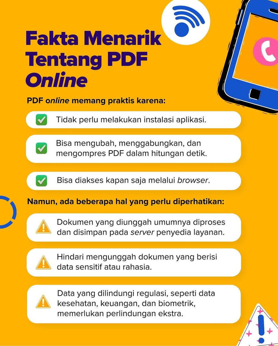 DJPbJabar's tweet photo. PDF online memang praktis untuk gabung, kompres, atau ubah dokumen. 

Tapi sebelum unggah file, cek keamanan situs, hindari data sensitif, dan pahami kebijakan privasinya.

Praktis boleh, keamanan data tetap utama. 🔐

#DJPbJabar #DJPbHAnDAL #IndonesianTreasury https://t.co/PMSGtkU2zZ