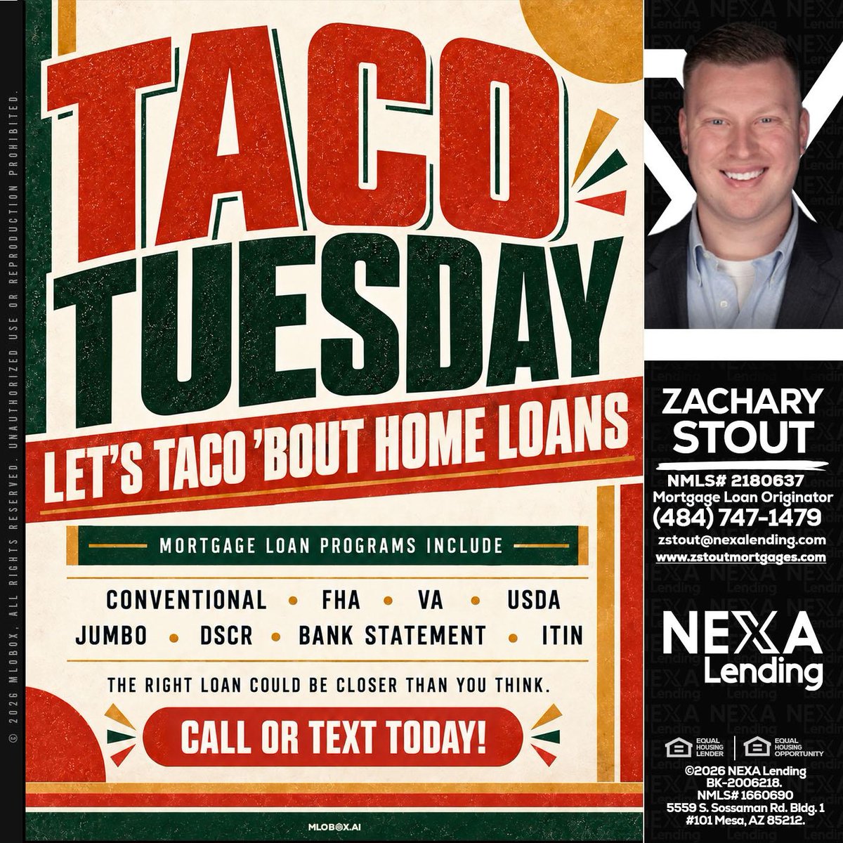 ZStoutNEXA's tweet photo. 🌮 Happy Taco Tuesday! Let’s taco 'bout getting you into your dream home. The right loan is closer than you think! Call or text today! 📞 #TacoTuesday #HomeLoans #MortgageHelp

 📧 zstout@nexalending.com

 📞 (484) 747-1479 https://t.co/vpXQpCYQBp