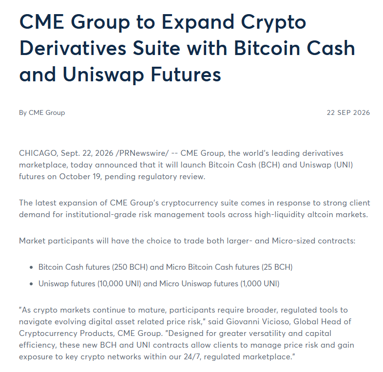 StackerSatoshi's tweet photo. CME is adding Bitcoin Cash and Uniswap futures.

$BCH: +19%
$UNI: +5% https://t.co/B7QwsPcKKf
