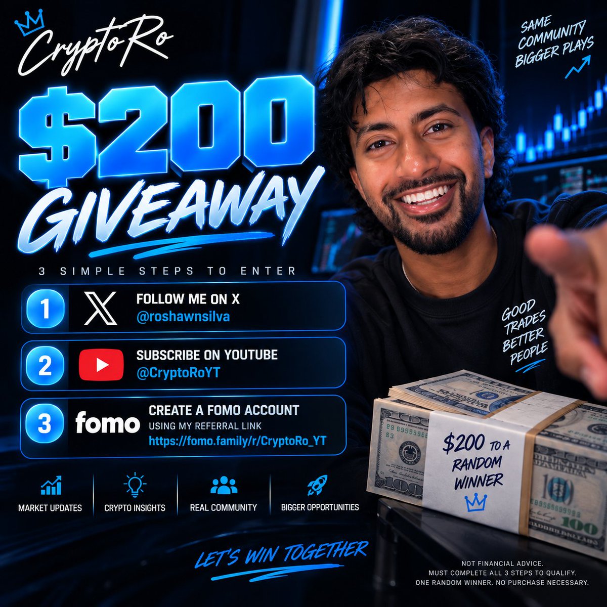 CryptoRo_YT's tweet photo. 🎁 $200 GIVEAWAY 🎁

Giving back to the fam!

To enter:
1️⃣ Follow me on X + Retweet 
2️⃣ Subscribe on YouTube → https://t.co/tDJHfQG0Qj
3️⃣ Create a FOMO account with my link → https://t.co/Hz9tEPwlr6

Drop your FOMO username in the comments so I can verify 

Winner picked randomly. Good luck 🍀