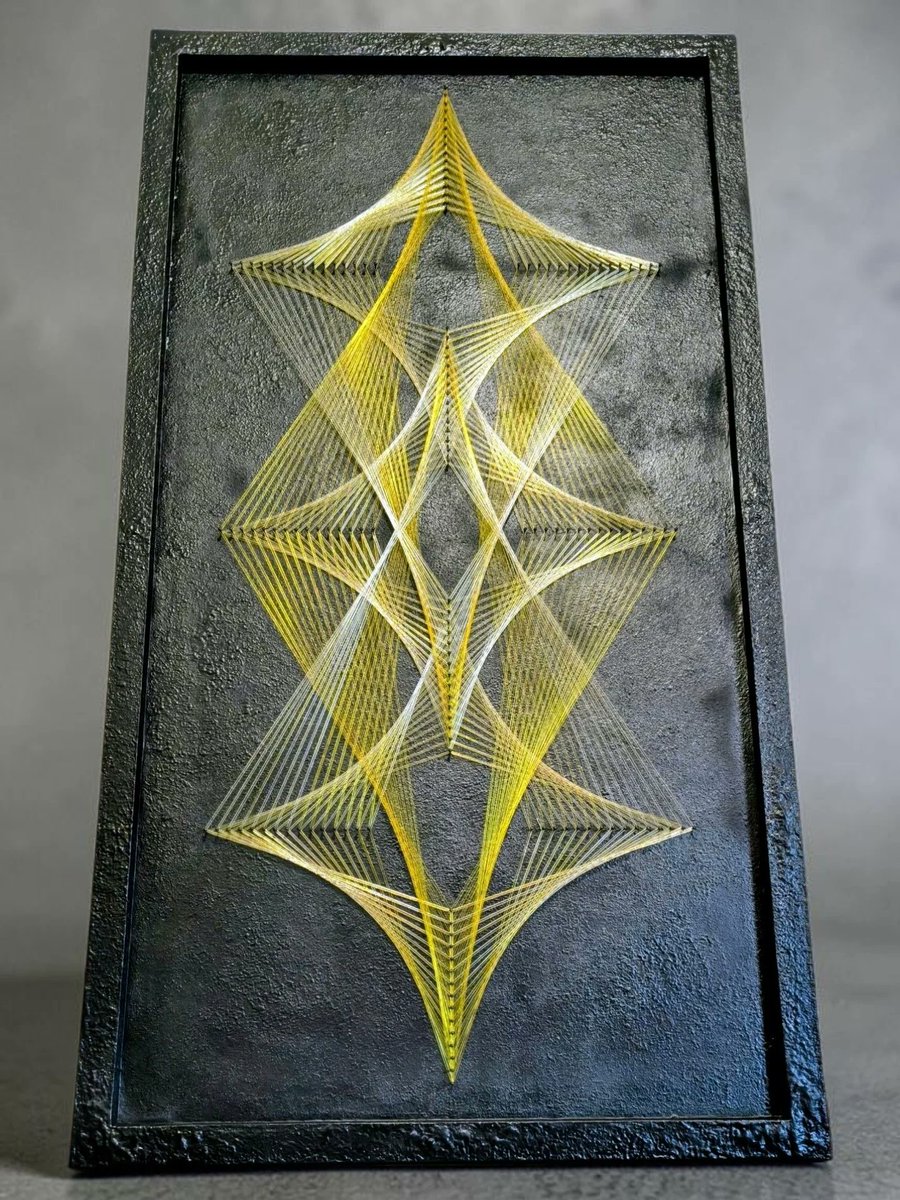 ShelaBeadyrd's tweet photo. Handmade string art begins by precisely mapping coordinates on a wooden base with a protractor, compass, and laser. Every millimeter matters. Complex pieces may take over 70 hours, followed by nail placement, layered texture work, and final https://t.co/ck46Zx5Kt0