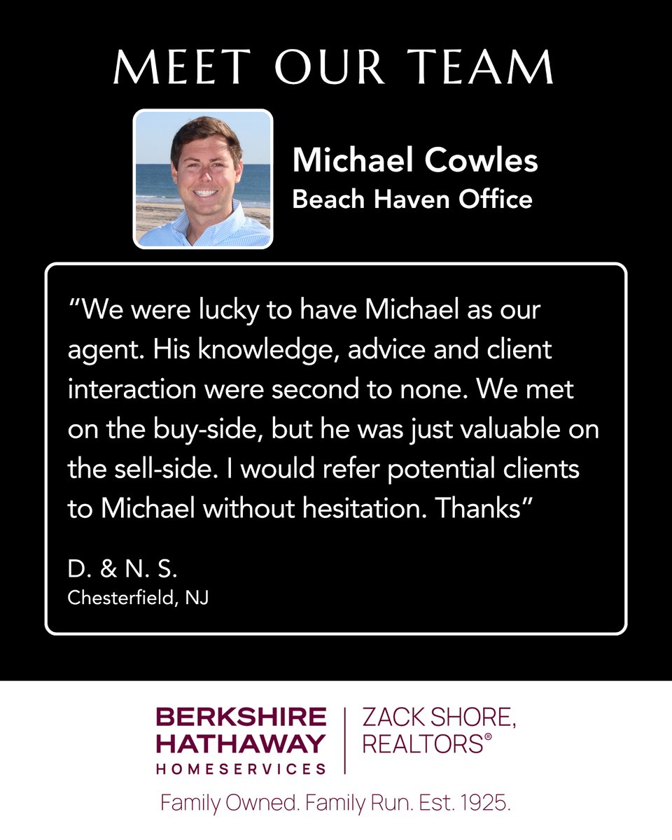BHHSZackShore's tweet photo. πAGENT SPOTLIGHT: Michael Cowles π
#ZackShoreRealtors #BHHSZackShore #BHHS #NJRealEstate #MeetOurTeam https://t.co/qP7Sm7dPbJ
