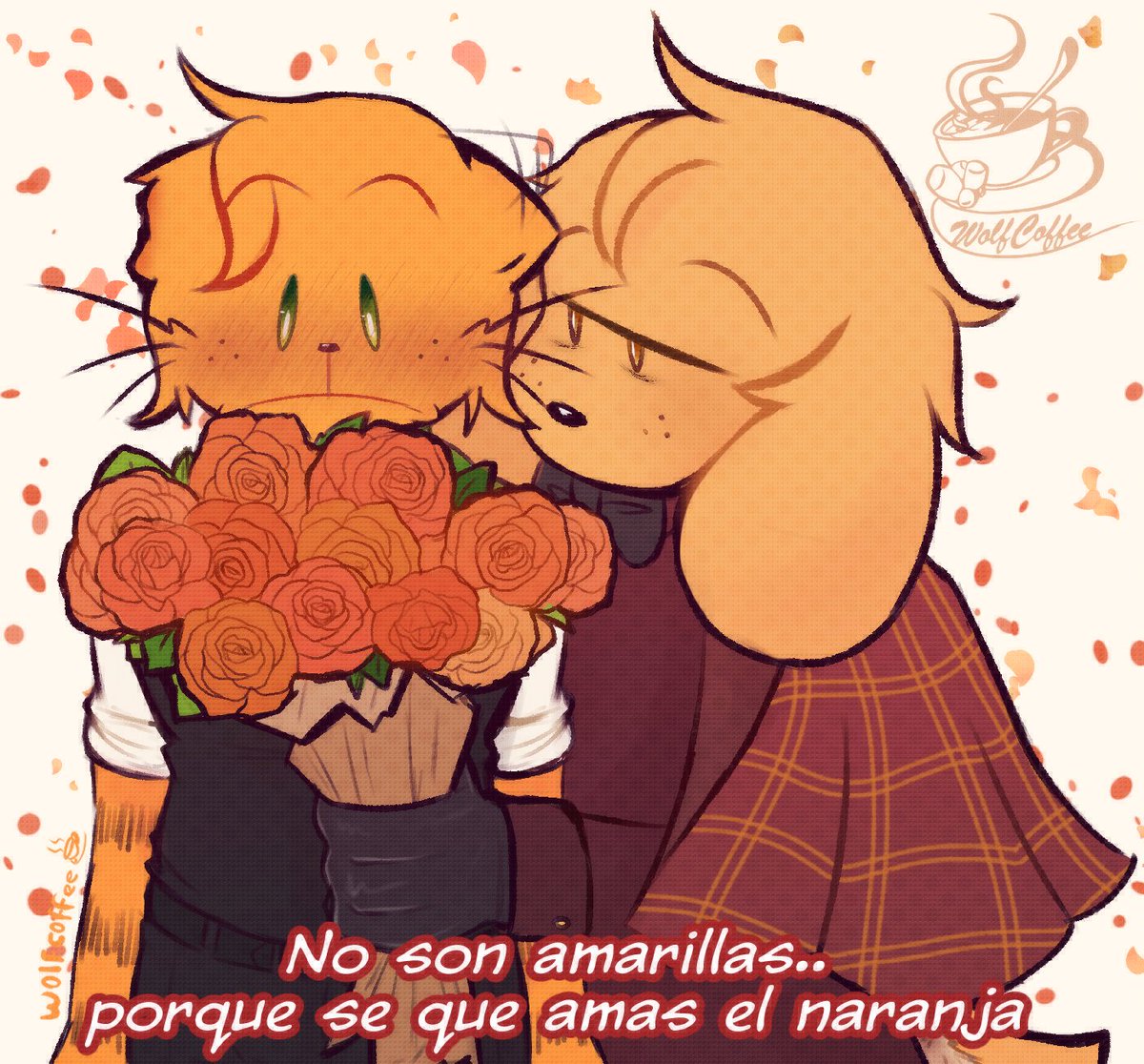 wolfcoffeeR18's tweet photo. Eres insoportable y es tan difícil complacer tus exigentes  gustos..pero mi pecho se siente tan extraño cuando tienes esas expresiones ..aunque solo sea por un ramo  🏵️💐🌸
----🌹
CALAJO como amo a estos dos😭🧡🧡💛💛
#dogman #detey #noirdetectiveau https://t.co/FjQAS70QWM