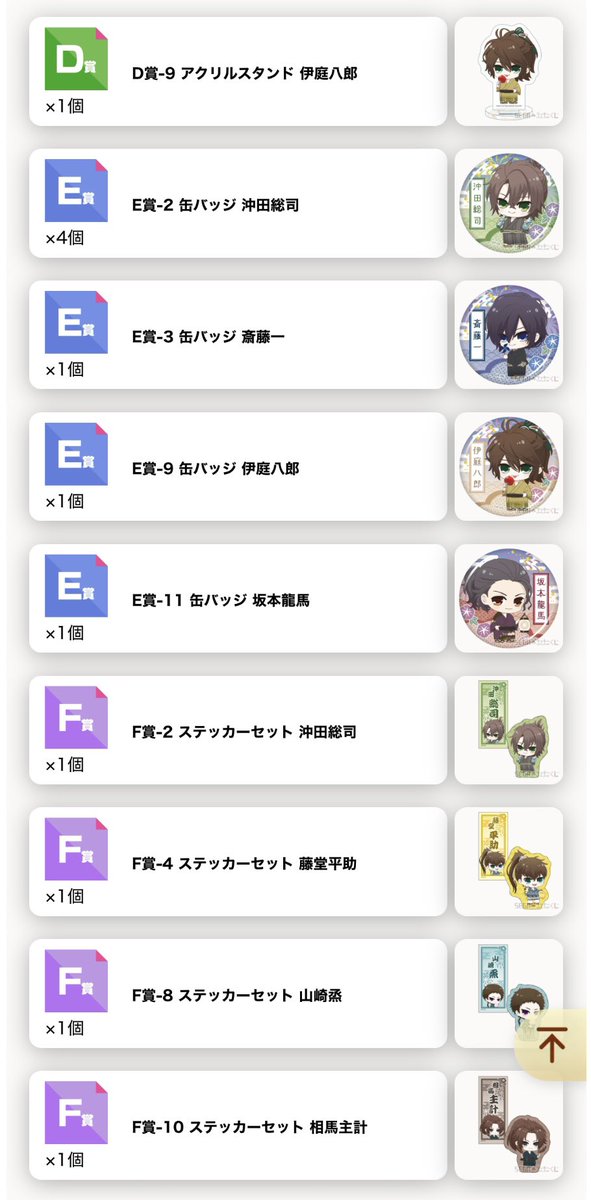 cheeeeeeesew's tweet photo. 【交換譲渡】 薄桜鬼　セガ　SEGA ラッキーくじ
譲→B 藤堂2

D沖田×4 藤堂×4 原田×1 永倉×2 山南×4  
山崎×2 伊庭×2  相馬×4    

E土方×2 沖田×9  斎藤×5 藤堂×2原田×1  
山崎×1 伊庭×1相馬×2 坂本×4 風間×3  

F土方×2 沖田×4藤堂×3原田×3永倉×1山南×2山崎×2伊庭×2相馬×3  

求→B斎藤、C賞旧攻略 https://t.co/uLjx3jqYFS