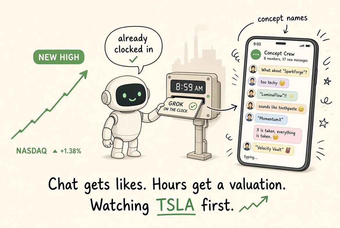 Nmy_VickySecret's tweet photo. Same day Nasdaq prints a new high, Musk is saying the model already clocked in. Chat gets you likes. 
Replacing hours gets you a valuation. So I’m watching TSLA first. The concept group chat can keep yelling.😃 https://t.co/ax129Zp7DR