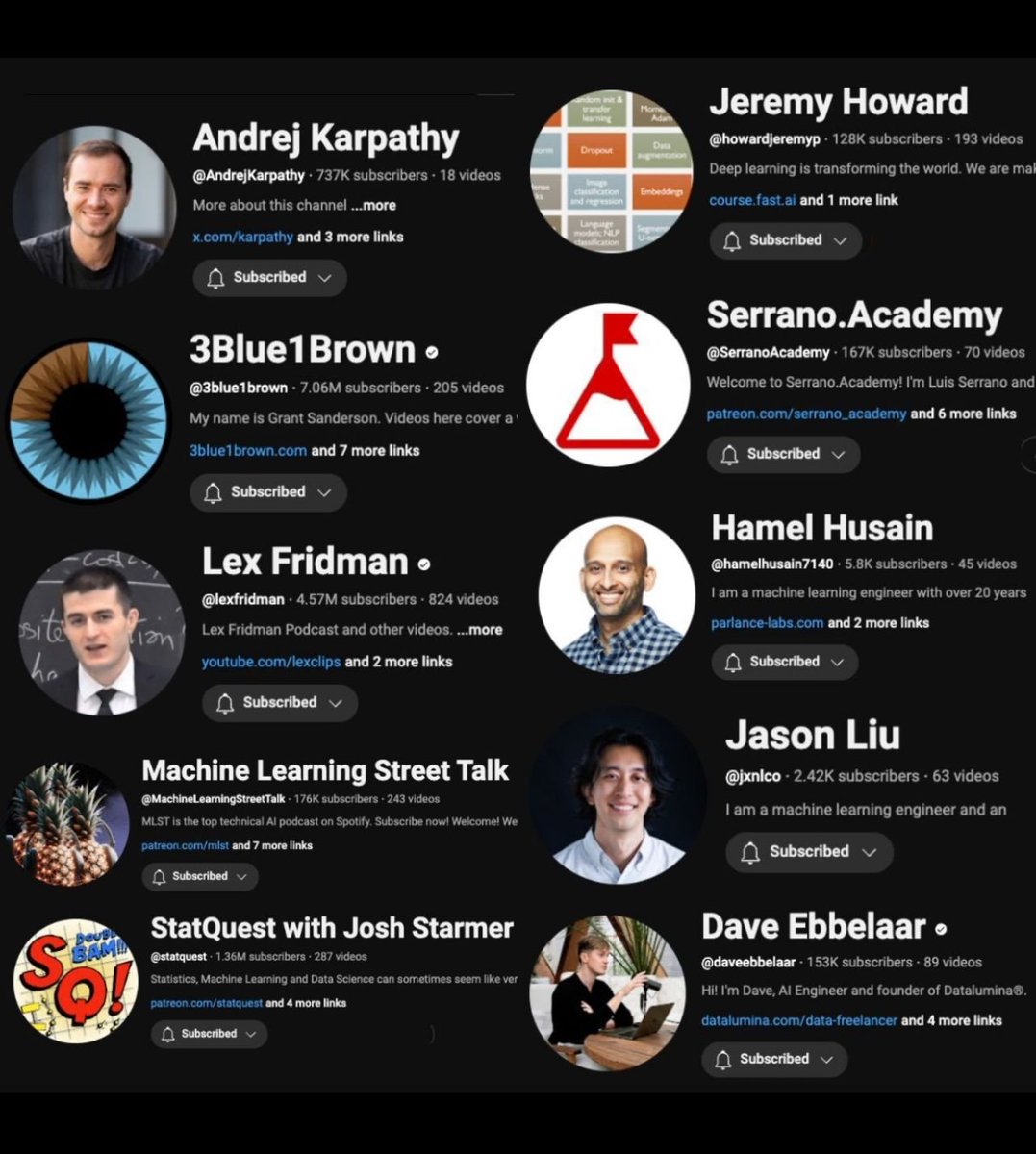 KirkDBorne's tweet photo. 10 experts' YouTube channels for AI lectures, tutorials, tips, conversations, opinions, guides, lessons learned, explainers, perspectives, mathematics background, etc.:

🎓 1) Andrej Karpathy – Deep yet accessible lectures on deep learning, LLMs, and an intro course on neural networks. https://t.co/jycWqOsFOF
📊 2) 3Blue1Brown – Stunning visualizations that make abstract mathematical concepts intuitive. https://t.co/y6qOcSPLXl
🎙️ 3) Lex Fridman – In-depth conversations with AI leaders, offering a broader perspective on the field. https://t.co/PahPfkKMKs
🤖 4) Machine Learning Street Talk – Technical deep dives and discussions with top AI researchers. https://t.co/gnWrxWQ6IJ
📚 5) StatQuest with Joshua Starmer PhD – Beginner-friendly explainers on machine learning and statistics. https://t.co/u3d2EtLaHl
🍉 6) Serrano Academy (Luis Serrano) – Clear and accessible content on ML, deep learning, and AI advancements.https://t.co/hzXa2LsKRQ
💻 7) Jeremy Howard – Practical deep learning courses and AI-powered web app tutorials. https://t.co/Z33ddvHLHx
🛠️ 8) Hamel Husain – Hands-on lessons in LLMs, RAG, fine-tuning, and AI evaluations. https://t.co/Nq6ZAHjq50
🚀 9) Jason Liu – Expert-led lectures on RAG and AI freelancing tips for ML developers. https://t.co/UQwyMu9Pze
⚙️ 10) Dave Ebbelaar – Practical guides on building AI systems and real-world applications. https://t.co/xyu3dhiH54