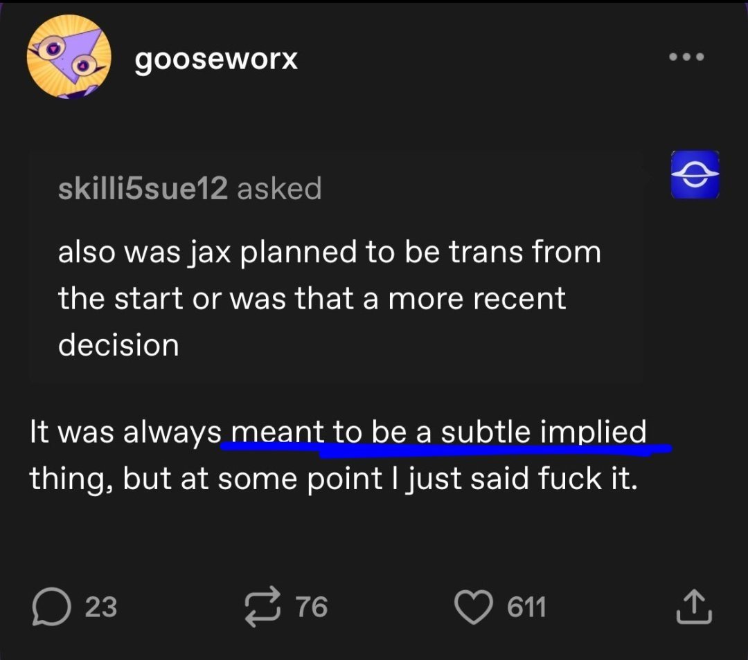tiredofwokes's tweet photo. Jax is not trans! Stop forcing him trans to others!

The creator literally said it's ambiguous and vague and in that artwork she said "what if"

If he were truly trans, she wouldn't have said all of that.

Wokes are a bunch of rtards dumbs brainwashed! https://t.co/b9It7YNswq