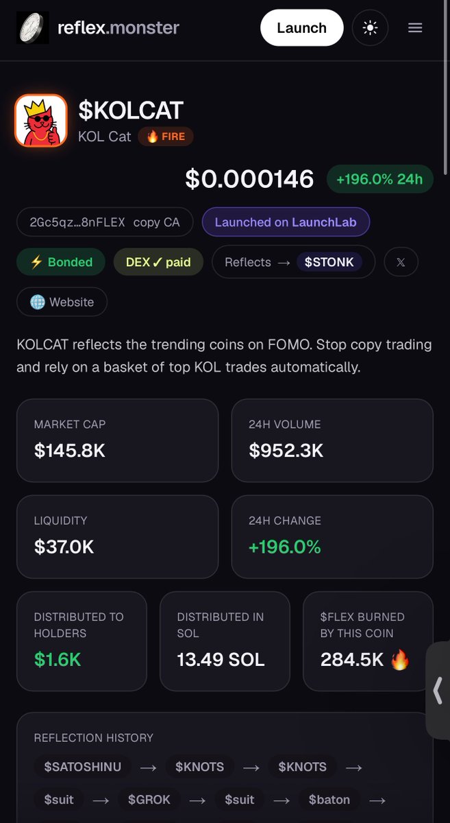 LaunchReflex's tweet photo. Love to see it @KOLCatCoin holders have already received over $1.6K in reflex token drops. https://t.co/Us0Wyxzp3G