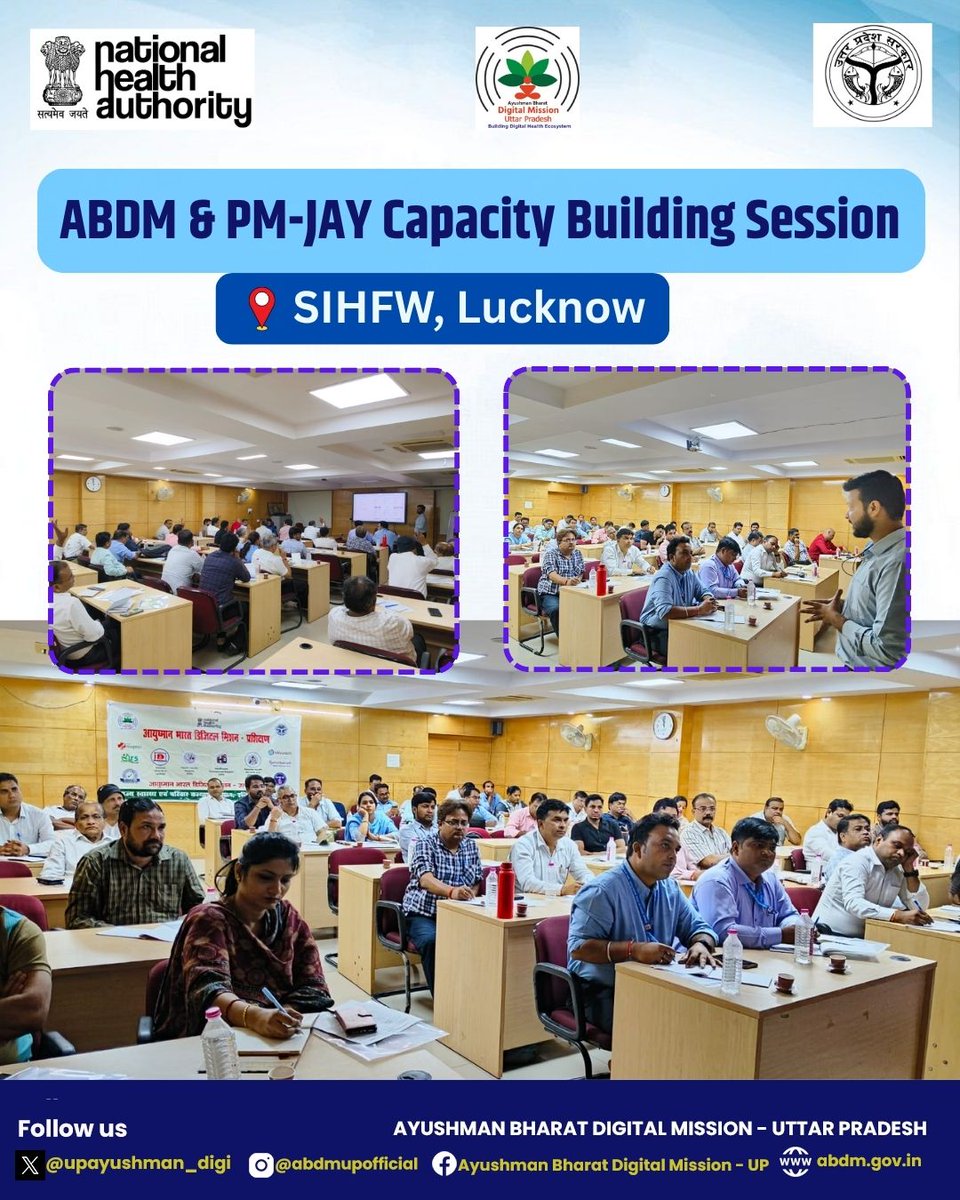 abdmupofficial's tweet photo. Strengthening Digital Healthcare | Training on ABDM & PM-JAY for participants from Fatehpur, Maharajganj, Gautam Buddha Nagar, Ghaziabad, Ghazipur, Kushinagar, Gorakhpur, Hamirpur, Hapur, Hardoi, Kaushambi, Jalaun & Jaunpur districts.@AyushmanNHA @MoHFW_INDIA @UPGovt @InfoDeptUP @CMOfficeUP @brajeshpathakup @rituias2003