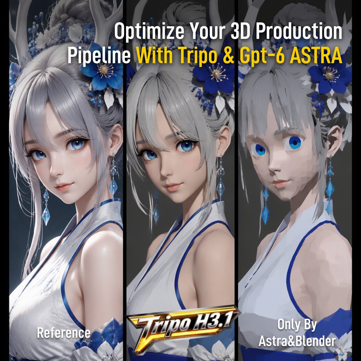 tripoai's tweet photo. Take Your 3D Production Pipeline Further With Tripo + GPT-6 Astra. Generate, Refine, And Transform Ideas Into Production-Ready 3D Assets.