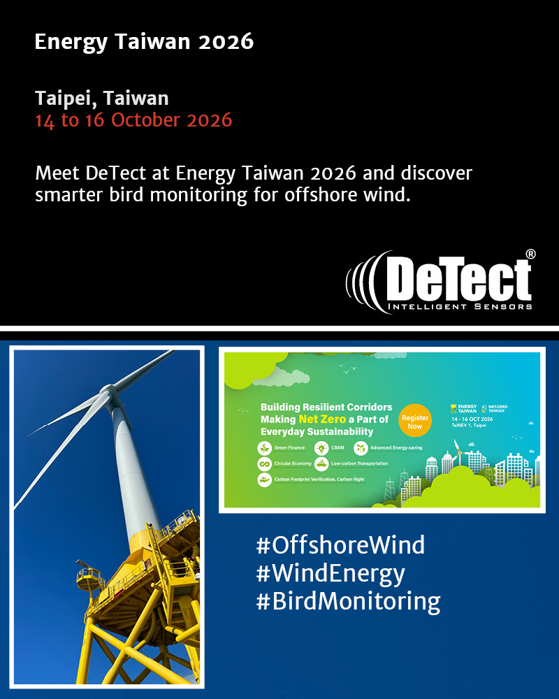 DeTect__Inc's tweet photo. Taiwan has installed its 500th offshore wind turbine and reached 4.8 GW. DeTect is at Energy Taiwan, 14 to 16 October in Taipei, showing MERLINโข radar bird and bat monitoring for offshore wind. https://t.co/82J932sn8kย
#EnergyTaiwan2026 #OffshoreWind https://t.co/LiYzcxIj7E