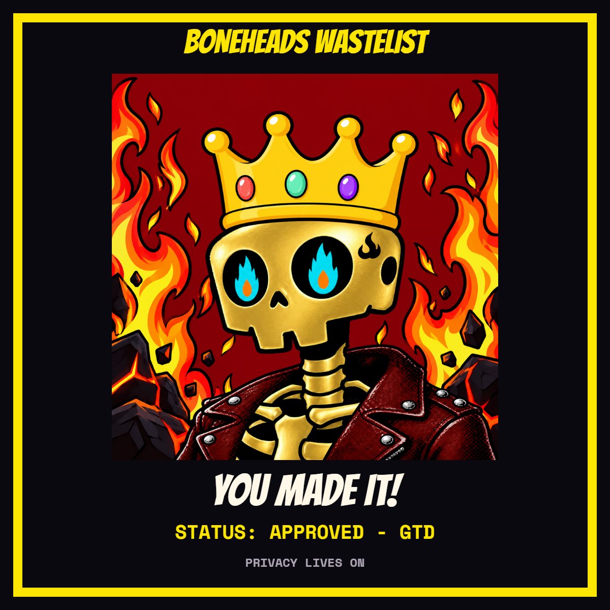 gamewin1985's tweet photo. I made it onto the @boneheadzec Wastelist ☠️

Status: APPROVED - GTD

The waste chose me. Check your status and get boned:
https://t.co/UqSITEYR1I https://t.co/s2PNNEhunN