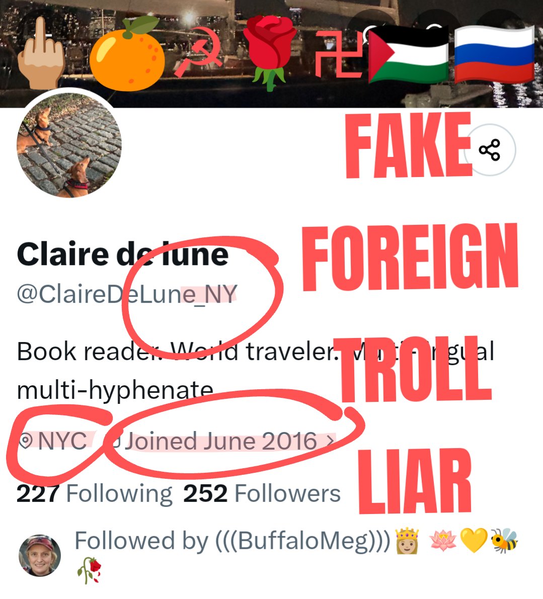 SassyDem's tweet photo. You #FAKE #FOREIGN #TROLLs are the ones w "marching orders" to fluff the world's worst @DNC @TheDemocrats candidate ever #Crappy #Kamala. We see what YOU #BadActors are doing & it ain't gonna work. F*CK OFF our US politics. 🖕🏼🍊☭🌹࿖🇵🇸🇷🇺
https://t.co/PtLE2OCxaW https://t.co/tYr46DAQuV