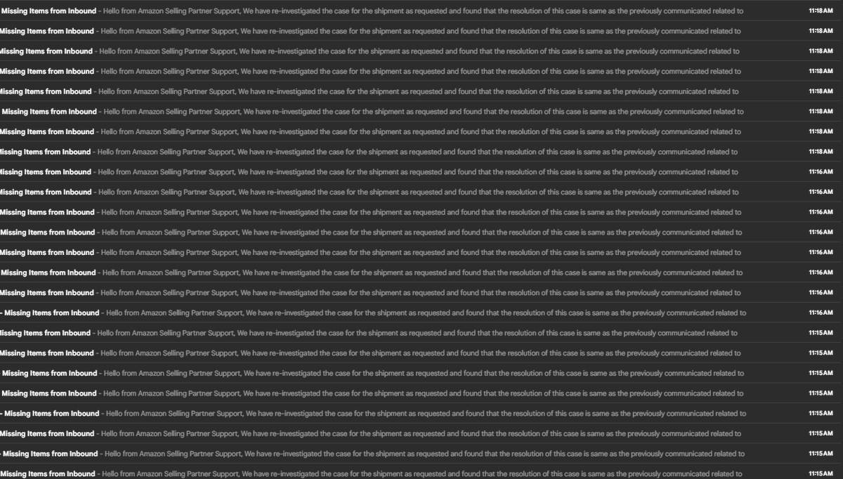 Wayne__16's tweet photo. @amznsellerhelp @AmazonASGTG Amazon, you mean to tell me you thoroughly investigated 24 shipments in a 3 minute period? Just further proof Amazon doesn't look into these. I am SICK AND TIRED of my inventory being lost or stolen, then gaslit that I'm the one in the wrong. SS just copy/paste as always, useless https://t.co/lrBSyhmd6k
