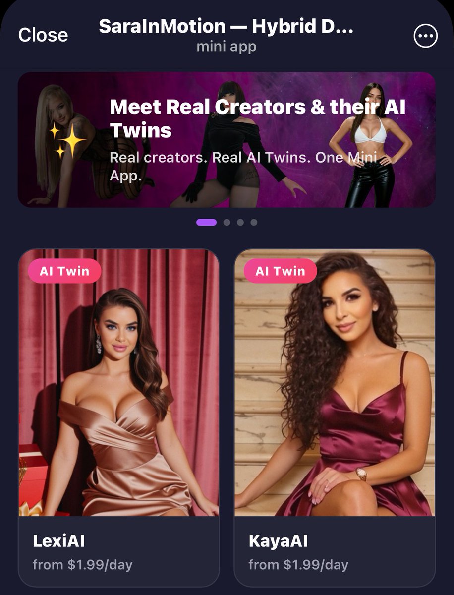 SaraInMotionAI's tweet photo. Meet our Real Creators 💜

Seven real women, each with her own AI twin — online for you around the clock, right inside Telegram.

✨ Chat with her for free
✨ Ask for a photo made just for you
✨ Book a live video date with the real her
✨ Private video chat with her AI twin

No apps to install, no cards — it runs in the Telegram you already have.

Link here → https://t.co/1fJPQrJ87j

#RealCreators #AITwin #Telegram #SaraInMotion #VideoDate #AIcompanion