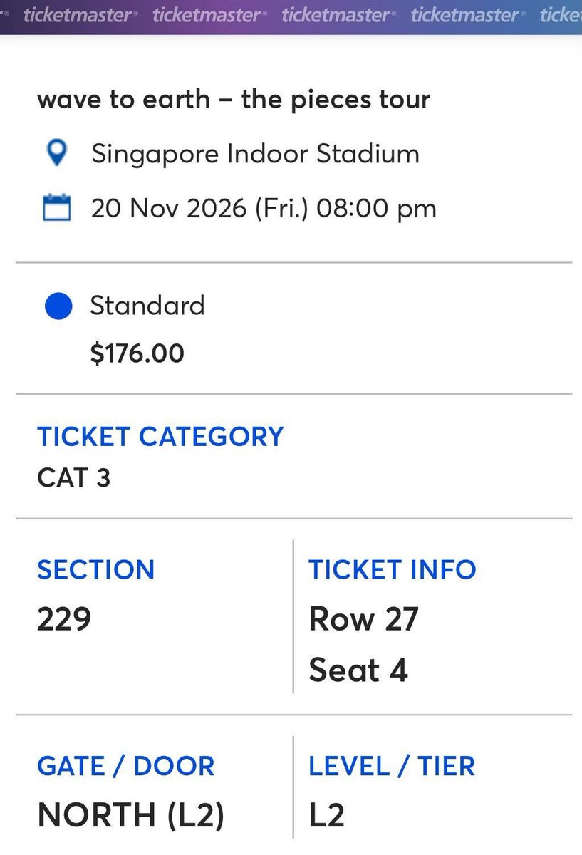 LTookes73906's tweet photo. Wave to earth, The Pieces Tour, Singapore 
📍Singapore indoor stadium
CAT 3, SEAT 229, ROW 27
176 SGD / 565 RM PER TICKET (ori price no nego)
‼️SOLD OUT ON TICKETMASTER‼️
E-ticket transfer on ticketmaster
#WaveToEarth #WaveToEarthSG #WaveToEarthSingapore #ThePiecesTour #ThePiecesTourSG #WTSWaveToEarth #WTBWaveToEarth #WTSSG #WTBSG #WTSTicketSG #TicketSG #SGTickets #TicketmasterSG #ConcertSG #SGTicketResale #WTSMY #WTBMY