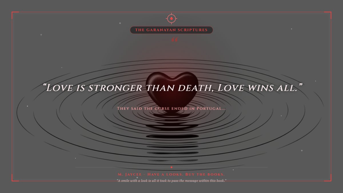 GaranayanIO's tweet photo. Love is stronger than death, Love wins all.” From by M. Jaycee. Discover more at https://t.co/MImgQHOXR0
Send this to a friend who loves supernatural espionage and dark mysteries.
#TheGaranayanScriptures #BookReels #BookTok #QuotesDaily #DarkFantasy #MindfulnessReads https://t.co/SVwgHz7xFE