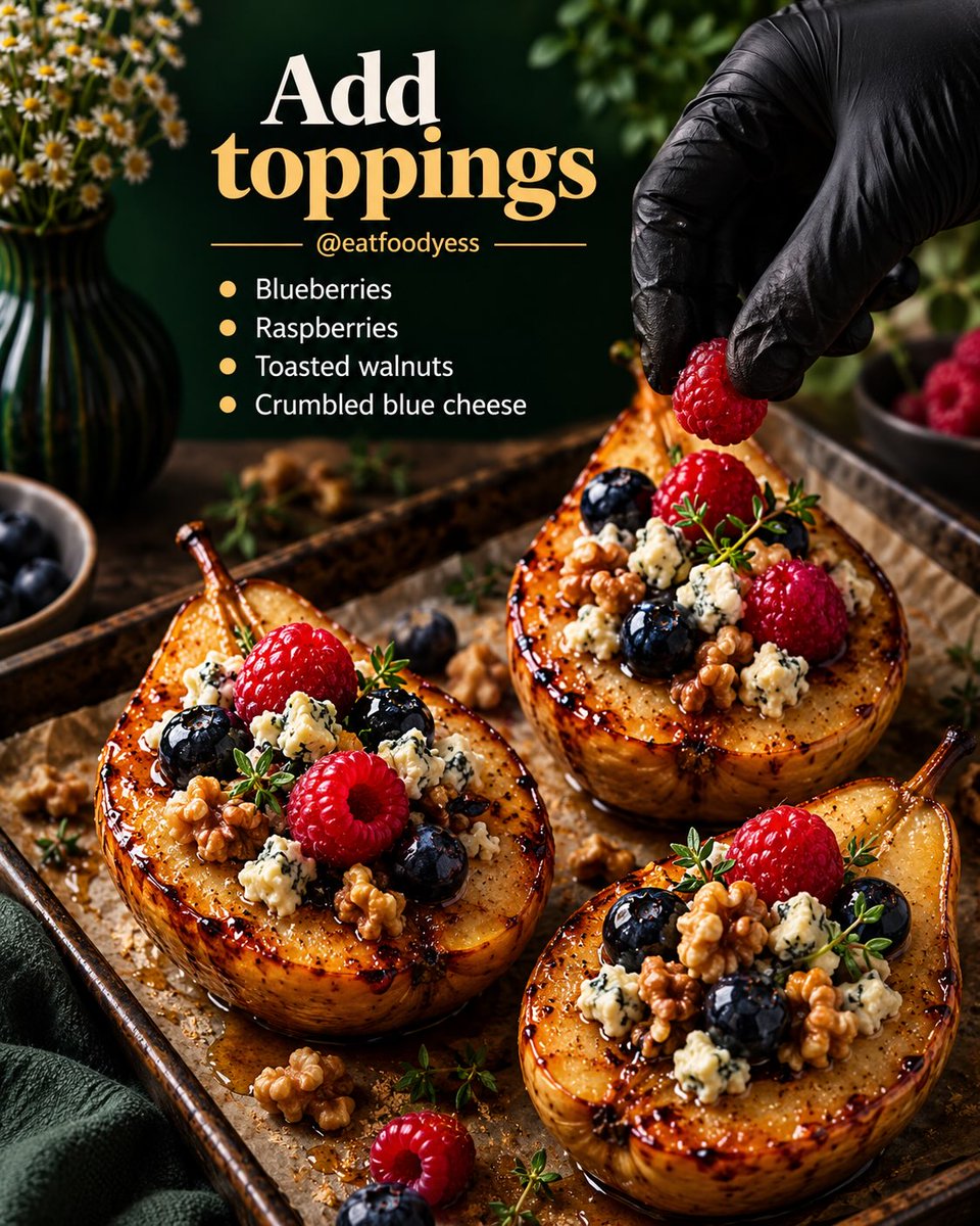 SundayVixkpze's tweet photo. Honey-roasted pears with berries, walnuts, and blue cheese: a wholesome, delicious treat. Roast halved pears with butter, honey, lemon, cinnamon, and salt at 400°F (200°C) for 18–22 minutes. Top with berries, walnuts, blue cheese, warm honey, and https://t.co/tJeNHDfvFg