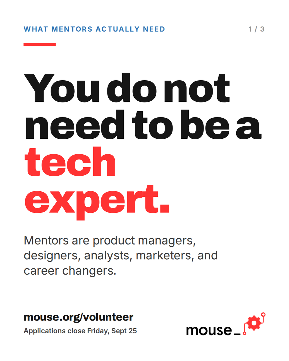 mouse_org's tweet photo. People talk themselves out of mentoring because they think they need to be a tech expert.

You do not. You need to know how to break a hard problem into parts, follow a teacher's lead, and be honest about what did not work. https://t.co/lFSoHzLGTU