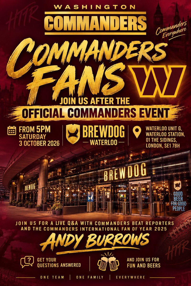 washingtonukfan's tweet photo. COMMANDERS FANS!! 

Next week let’s see you all down at @BrewdogWaterloo Friday and sat…. 

Friday night fan meet up from 5pm onwards. 

Sat the team event from 12pm onwards till 4pm. Then we party into the early hours plus our Q&amp;A with @Mitch_Tischler https://t.co/z2UwtDKsEO