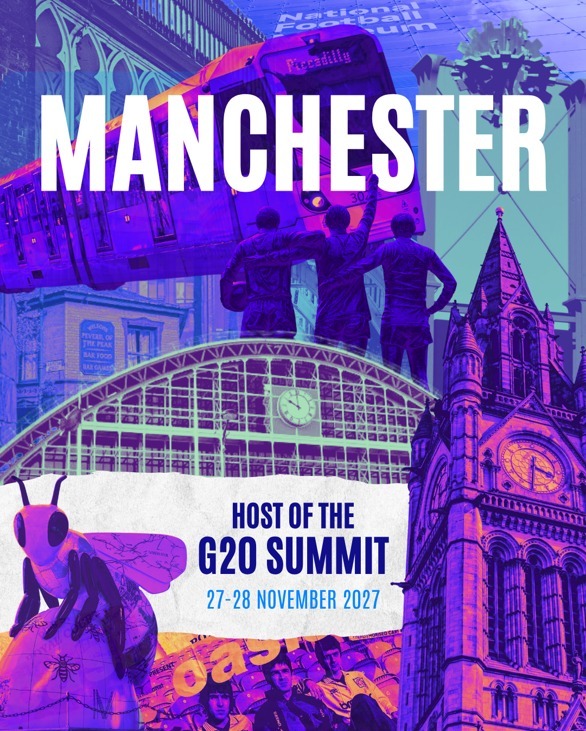 cabinetofficeuk's tweet photo. Manchester has been selected to host world leaders for the G20 Summit in November 2027.
 
This Summit will bring together the world’s largest economies and seize opportunities for British people and businesses. https://t.co/biUqFFltg8