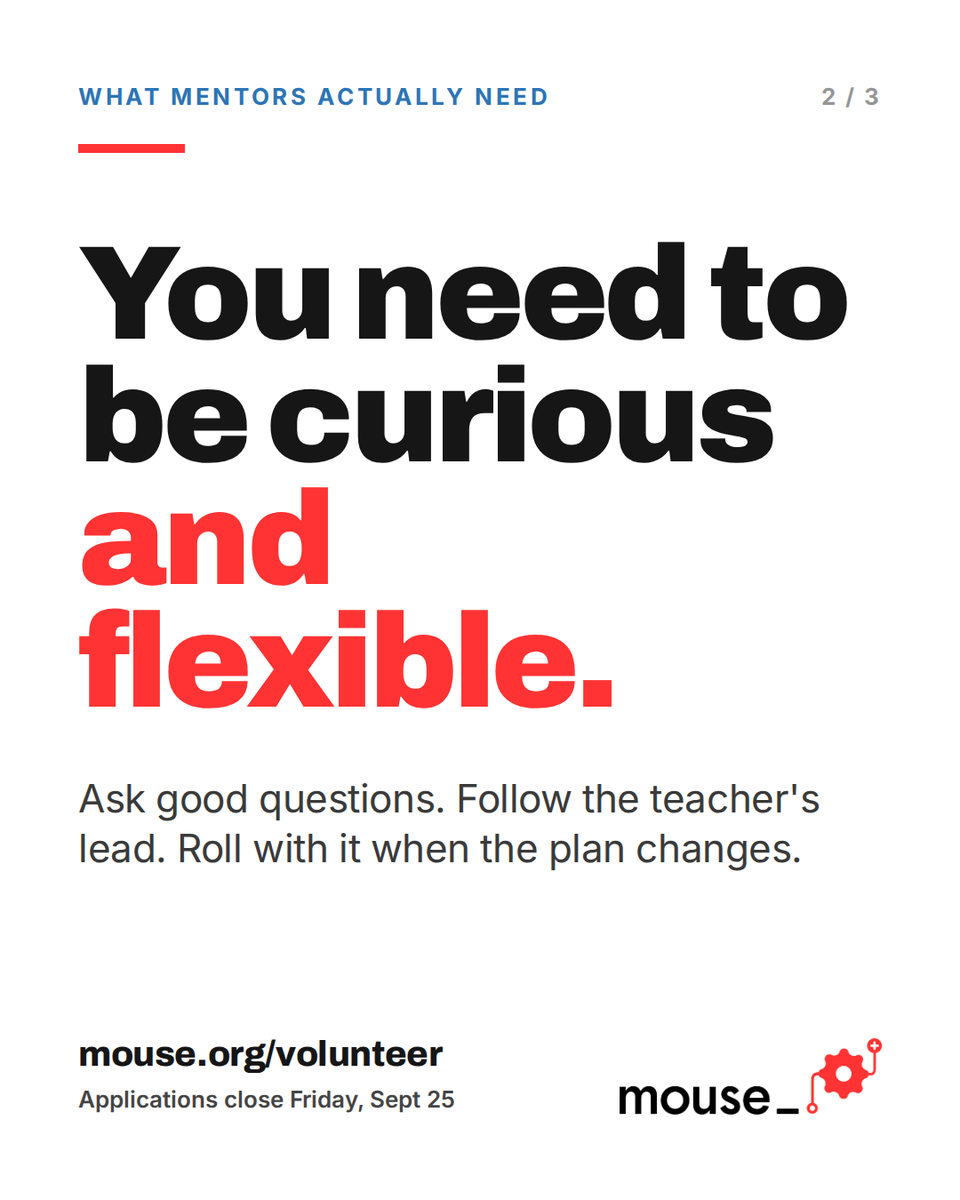 mouse_org's tweet photo. People talk themselves out of mentoring because they think they need to be a tech expert.

You do not. You need to know how to break a hard problem into parts, follow a teacher's lead, and be honest about what did not work. https://t.co/lFSoHzLGTU