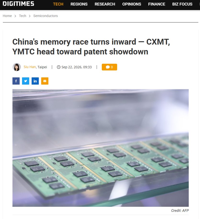 fjeronimo's tweet photo. 💥 This is becoming interesting to follow.

China's memory rivalry is starting to look like a race. YMTC is reportedly gearing up to trial LPDDR5 DRAM production by the end of 2026, while CXMT is pushing into NAND, an area it had largely left to YMTC.

Patents are becoming a critical battleground that will decide a lot of this. YMTC has already sued Micron over its Xtacking hybrid bonding technology, and Samsung reportedly licensed it too, ahead of its next generation V NAND. CXMT entering NAND without a workaround could run straight into similar patent challenges.

Vendors squeezed by rising DRAM and NAND prices have more reason than usual to look at Chinese suppliers, whether they end up choosing one.

🔗 https://t.co/e1g9a3ihDO