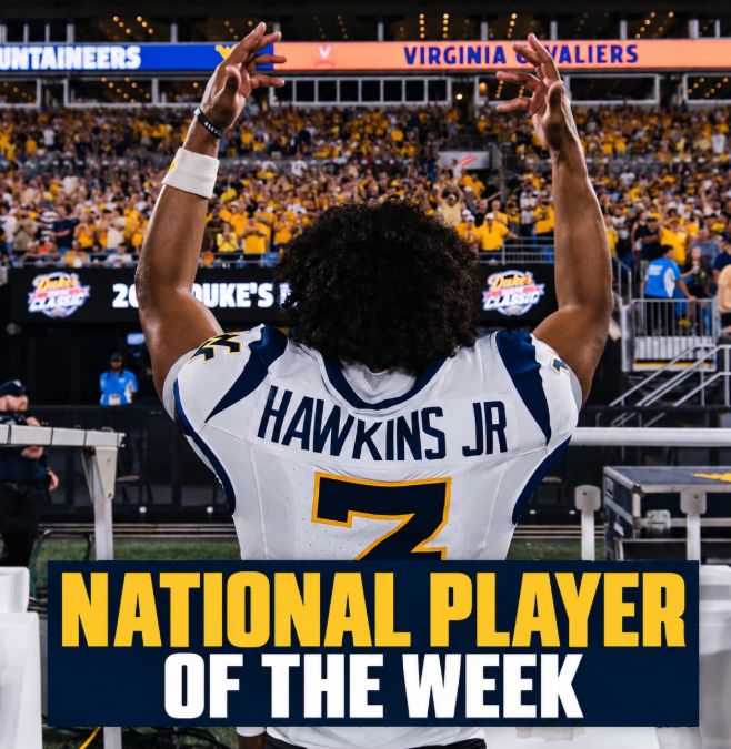 voicemorgantown's tweet photo. BREAKING: #WVU star quarterback NATIONAL PLAYER OF THE WEEK! LINK: https://t.co/KOyLqtyrUD https://t.co/LiFVRTfJAL