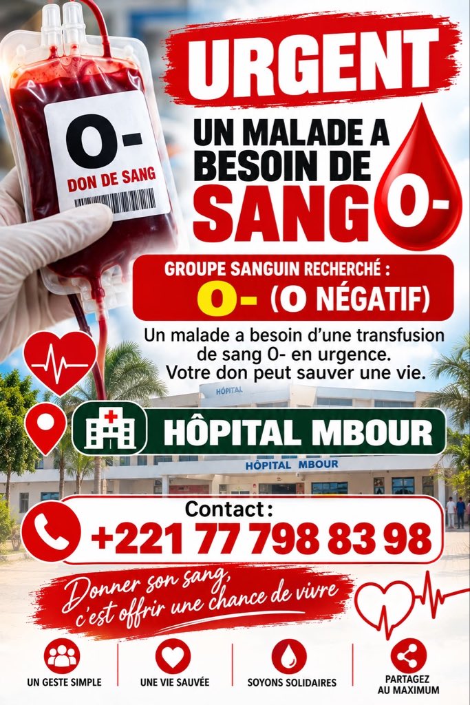Cisse_Maps's tweet photo. 🩸 URGENT – BESOIN DE SANG O- 🩸

Un malade a besoin urgemment de sang O- à l’Hôpital de Mbour. 🙏🏾

📞 77 798 83 98

❤️ Merci de partager massivement. Un don peut sauver une vie ! https://t.co/i1sM2NzbPG