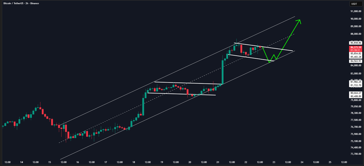 Wealthmanager's tweet photo. bitcoin:native still holding the rising channel cleanly.

Every dip has been bought so far, with higher lows still intact.

Price is coiling around $85K–$86K.

Hold this range and $89K–$91K comes into play next. https://t.co/oU1MU42jAj