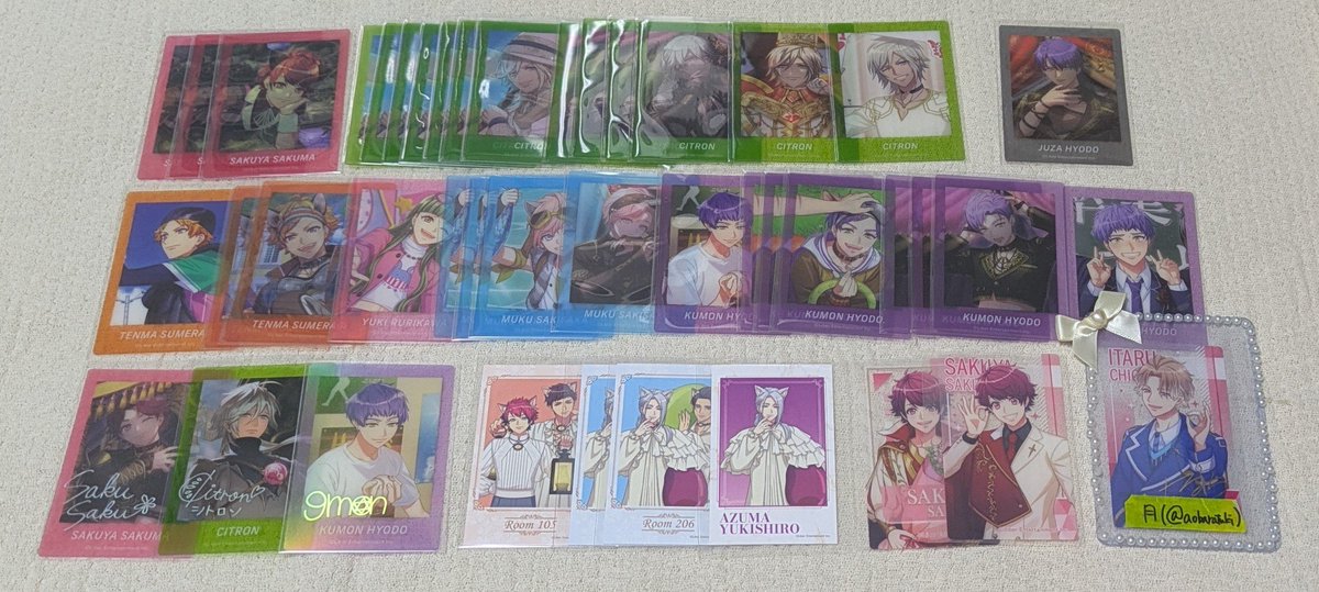 aobaratuki's tweet photo. 【交換】エースリー　A3!　アニメイトフェア　特典　ハーフブロマイド　クリアカード　アニカフェ　コースター　アクスタ　まじコレ　ナンジャ　ぱしゃこれ
譲┊︎咲也　綴　シトロン　天馬　幸　椋　一成　三角　九門　万里　十座　臣　太一　紬　丞　東　ガイ
求┊︎5枚目または固定至　千景
条件↓ https://t.co/7kTJUZnf8b