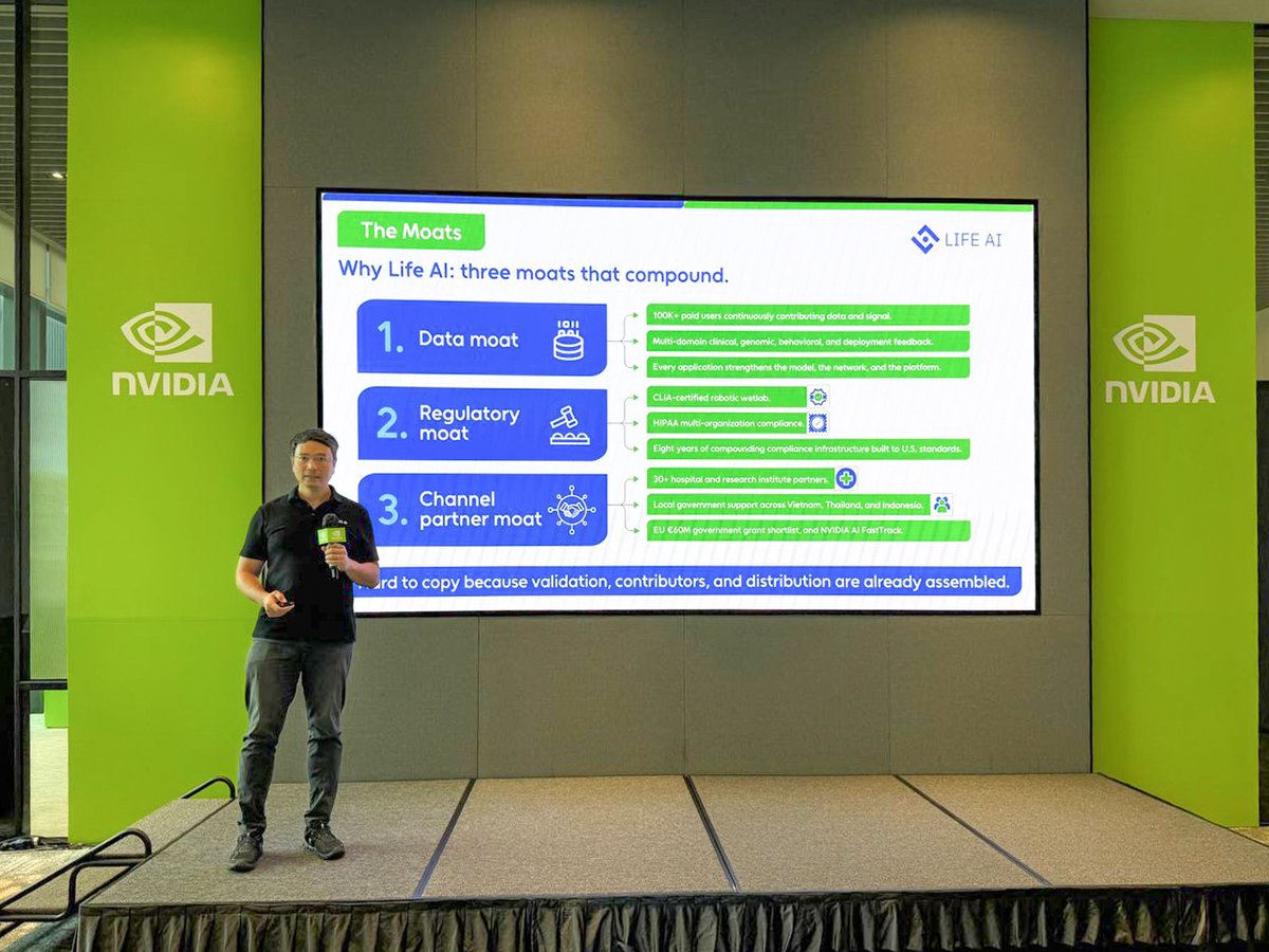 LifeNetwork_AI's tweet photo. Today in Singapore, we took a question we have been working on at Life AI to a much bigger room.

As AI accelerates drug discovery, how do we build the operating infrastructure to move what we discover through clinical validation, evidence, and real-world execution?

Our Co-Founder & CEO Dr. Tuan Cao shared Life AI’s perspective on that question today at the NVIDIA Inception Grand Challenge Finale.

And much of the value lies in what follows: new perspectives, sharper questions, and meaningful connections across the industry.

Singapore extended the rails we’ve been laying, bringing our work into a broader conversation across AI, drug development, and healthcare.

And that is exactly where we want to be.