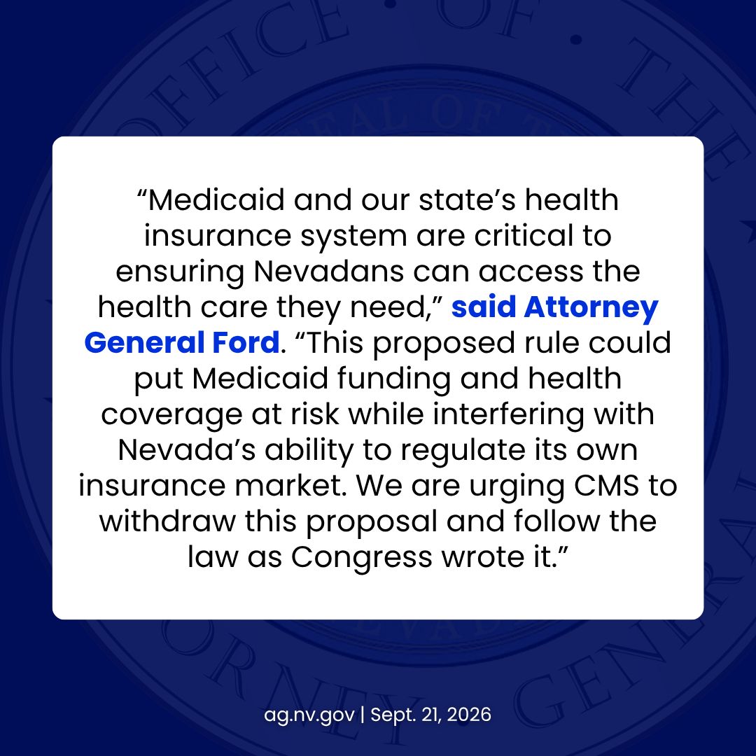NevadaAG's tweet photo. Attorney General Ford joined a coalition of 24 attorneys general opposing a proposed federal rule that could put Medicaid funding at risk and interfere with states’ ability to oversee insurance and operate their health insurance exchanges. https://t.co/ZnAeMaAJuq
