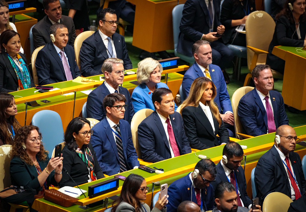 SecRubio's tweet photo. Today at the @UN, President Trump made clear that we will lead with peace through strength, champion economic vitality, and defend the sovereignty of nations. https://t.co/ngkSrl1j1k