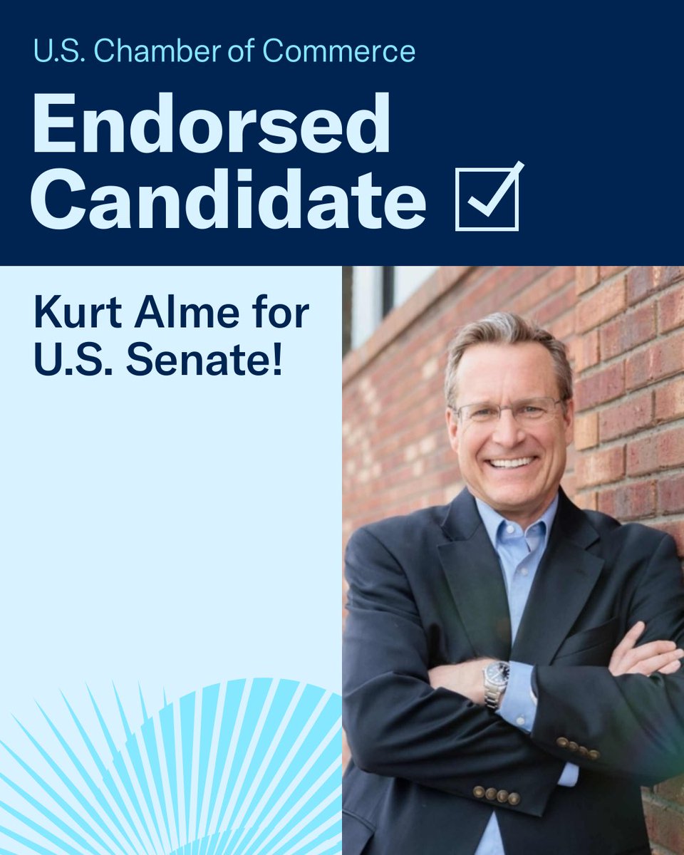 USChamberAction's tweet photo. The @uschamber is proud to endorse @KurtAlme for U.S. Senate #MTSen.

Read more: https://t.co/7dCQPPf4eH https://t.co/CNqCVILU0P