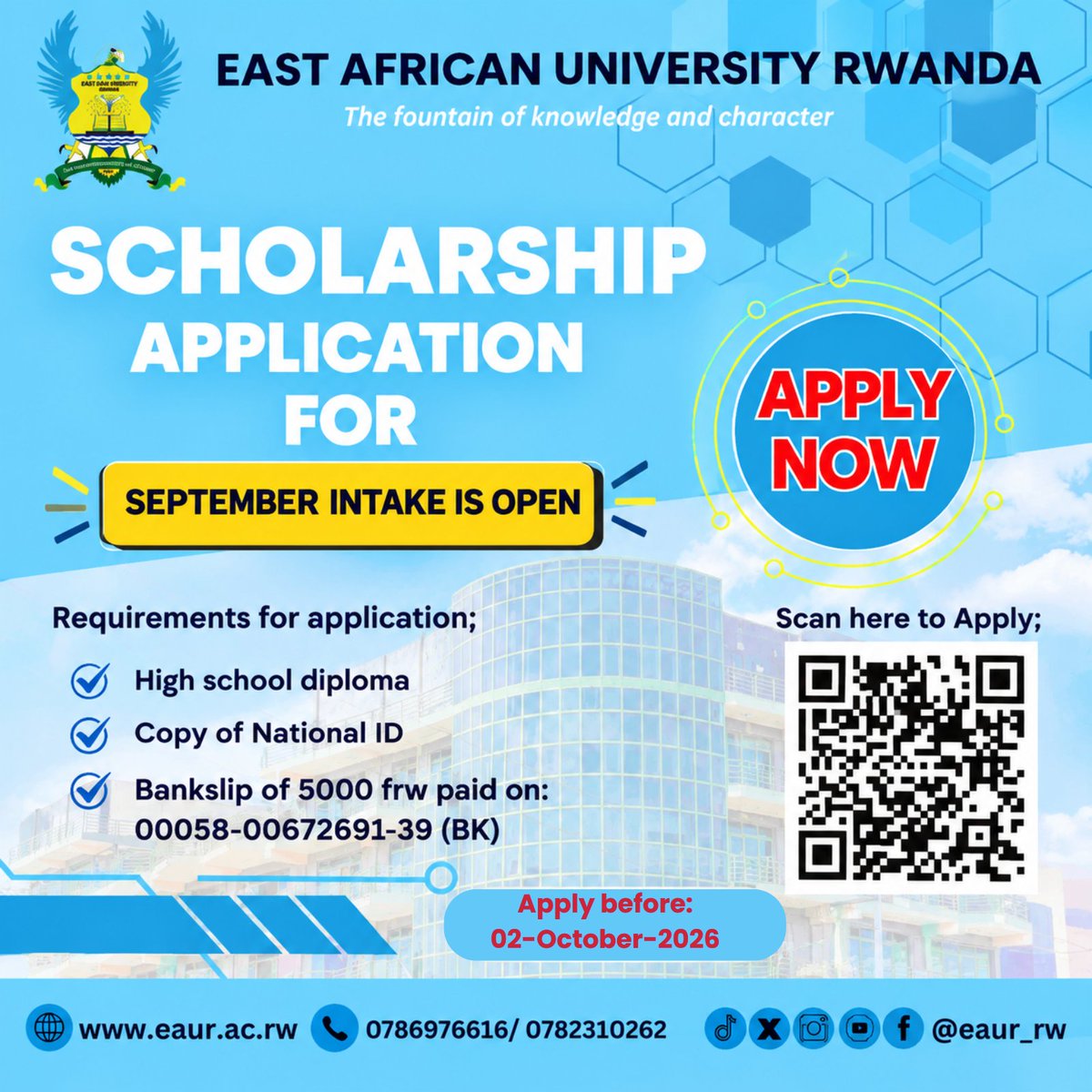 eaur_rw's tweet photo. 𝐃𝐢𝐝 𝐲𝐨𝐮 𝐦𝐢𝐬𝐬 𝐭𝐡𝐞 𝐟𝐢𝐫𝐬𝐭 𝐨𝐩𝐩𝐨𝐫𝐭𝐮𝐧𝐢𝐭𝐲?

This is your chance to make it count! 

Apply for #EAUR Scholarship – September Intake 2026.

Deadline: 02-October-2026

#EAUR #EAURScholarship #SeptemberIntake #Scholarship2026 https://t.co/fCTEYU6tpG