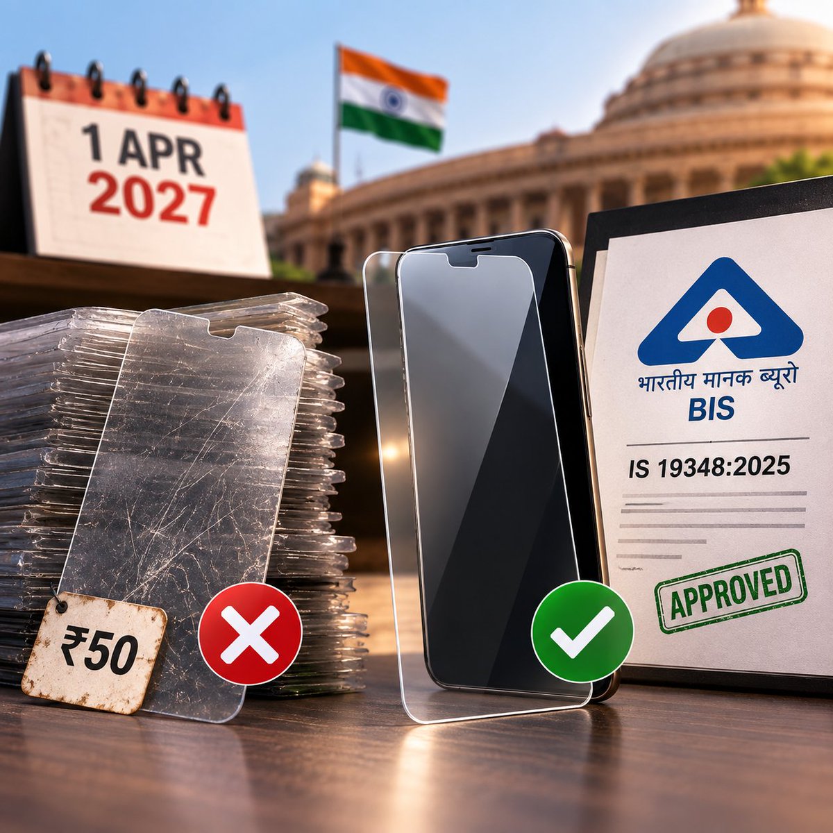 theandroidrush's tweet photo. That ₹50 tempered glass could soon face a serious quality check!

From April 1 2027, smartphone screen protectors are set to come under mandatory BIS registration in India

Manufacturers must meet IS 19348:2025 testing standards

Better quality incoming? 👀

#BIS #TheAndroidRush https://t.co/LYjCx3TsdT