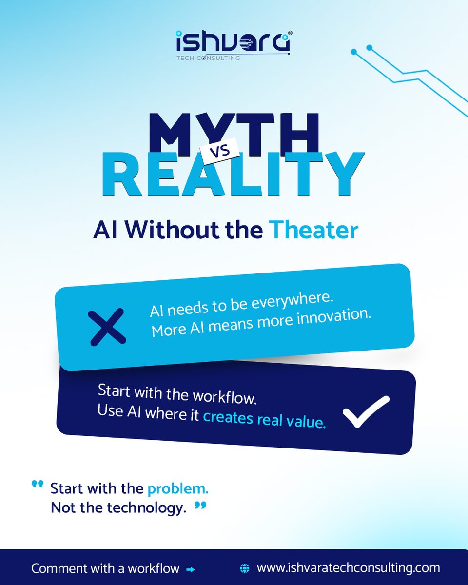 ishvaratech2705's tweet photo. AI doesn’t create value simply by being everywhere.

Real transformation begins with the workflow: identify the problem, remove friction, and apply AI where it delivers measurable impact.

Less theatre. More outcomes.

#ArtificialIntelligence #AITransformation #IshvaraTech https://t.co/Fqe4CqiNZH